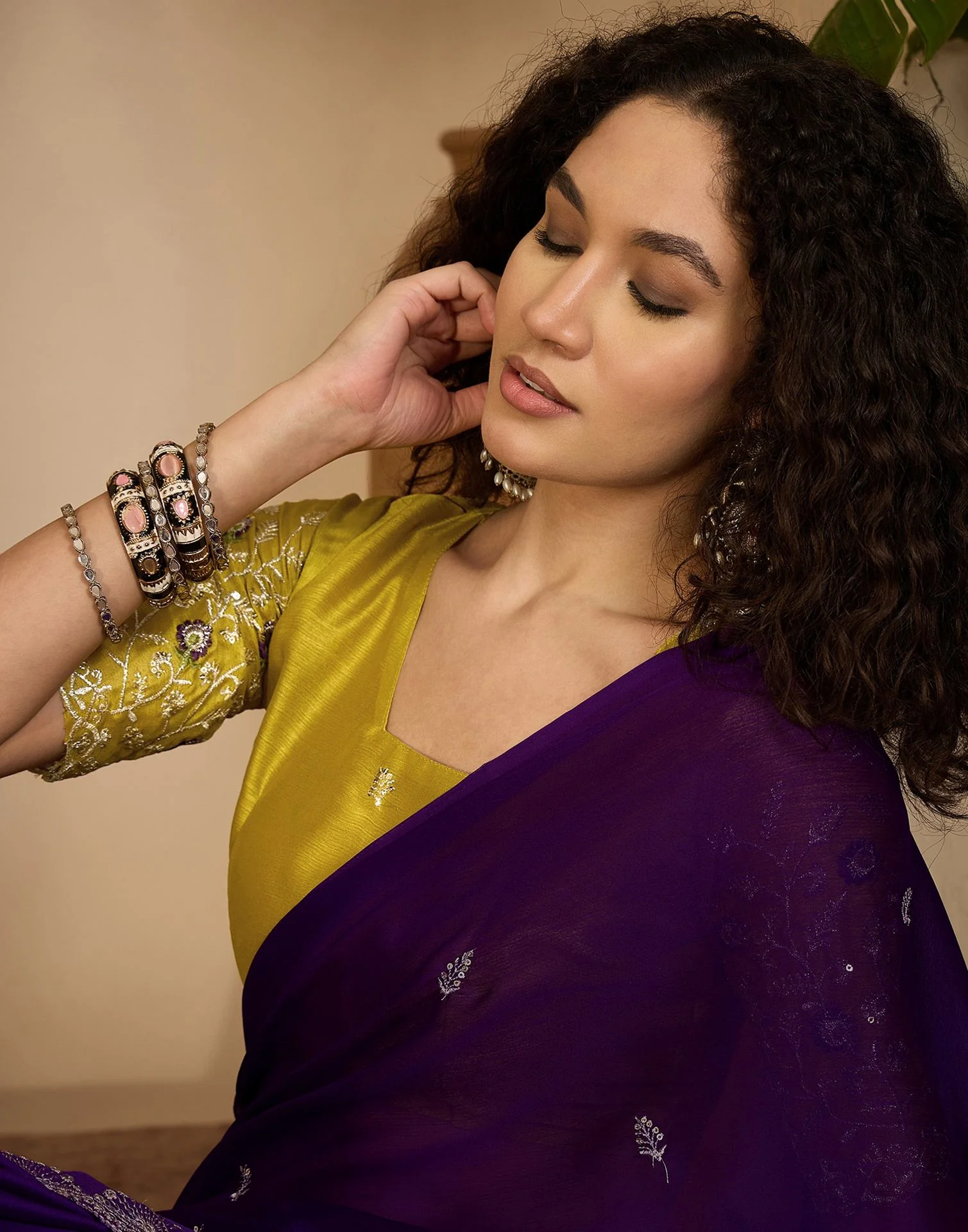 Purple Chiffon Sequence  Embroidery Saree - Image 2
