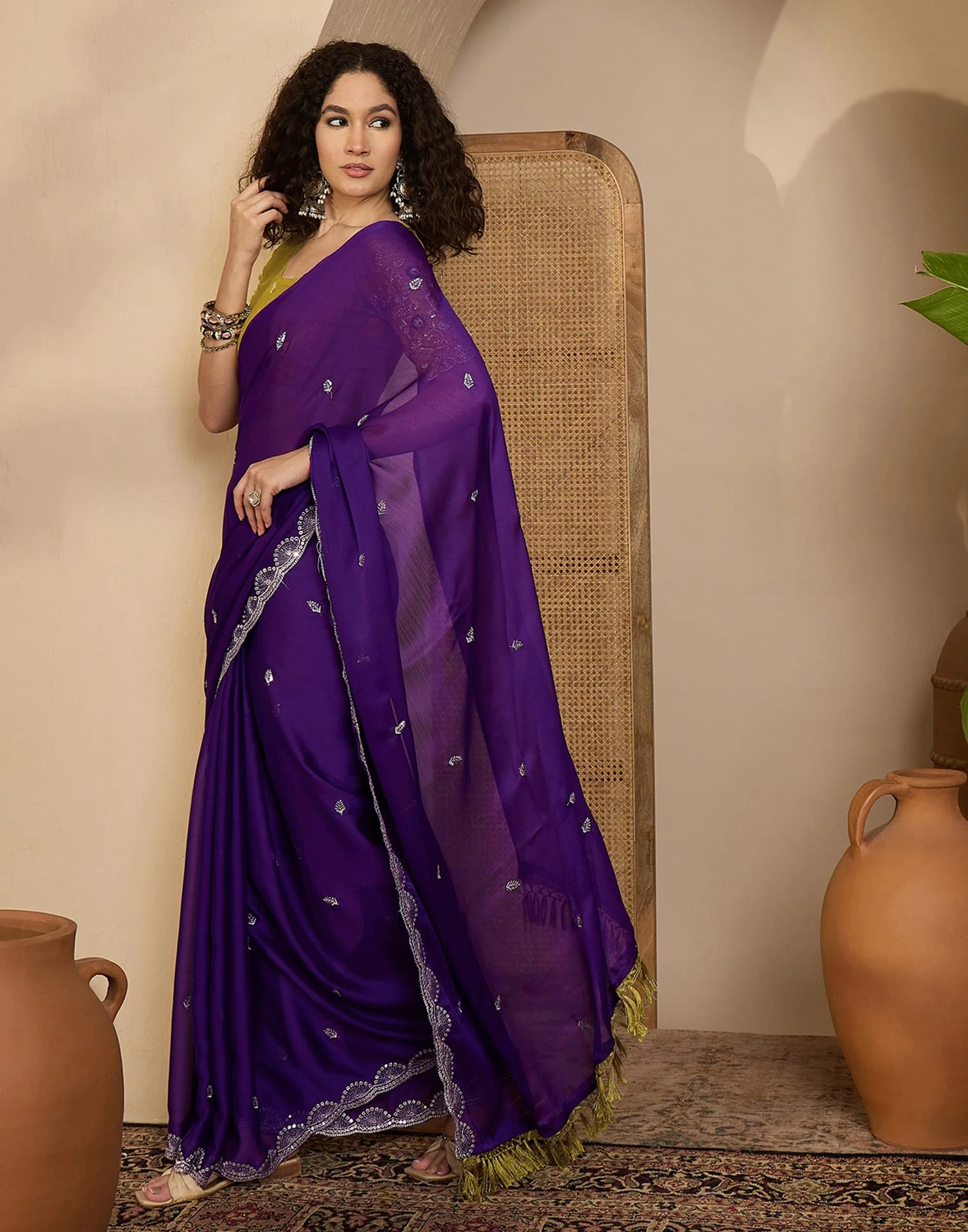 Purple Chiffon Sequence  Embroidery Saree - Image 4