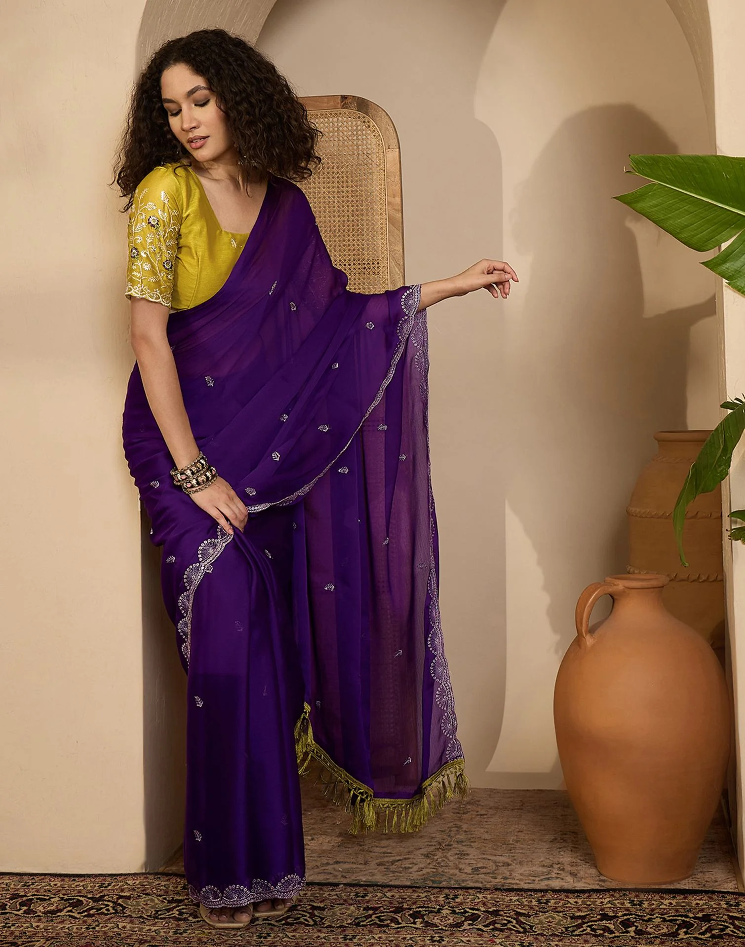 Purple Chiffon Sequence  Embroidery Saree - Image 5