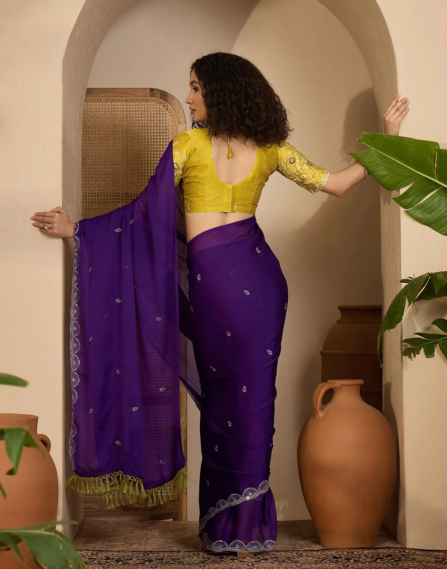 Purple Chiffon Sequence  Embroidery Saree - Image 6
