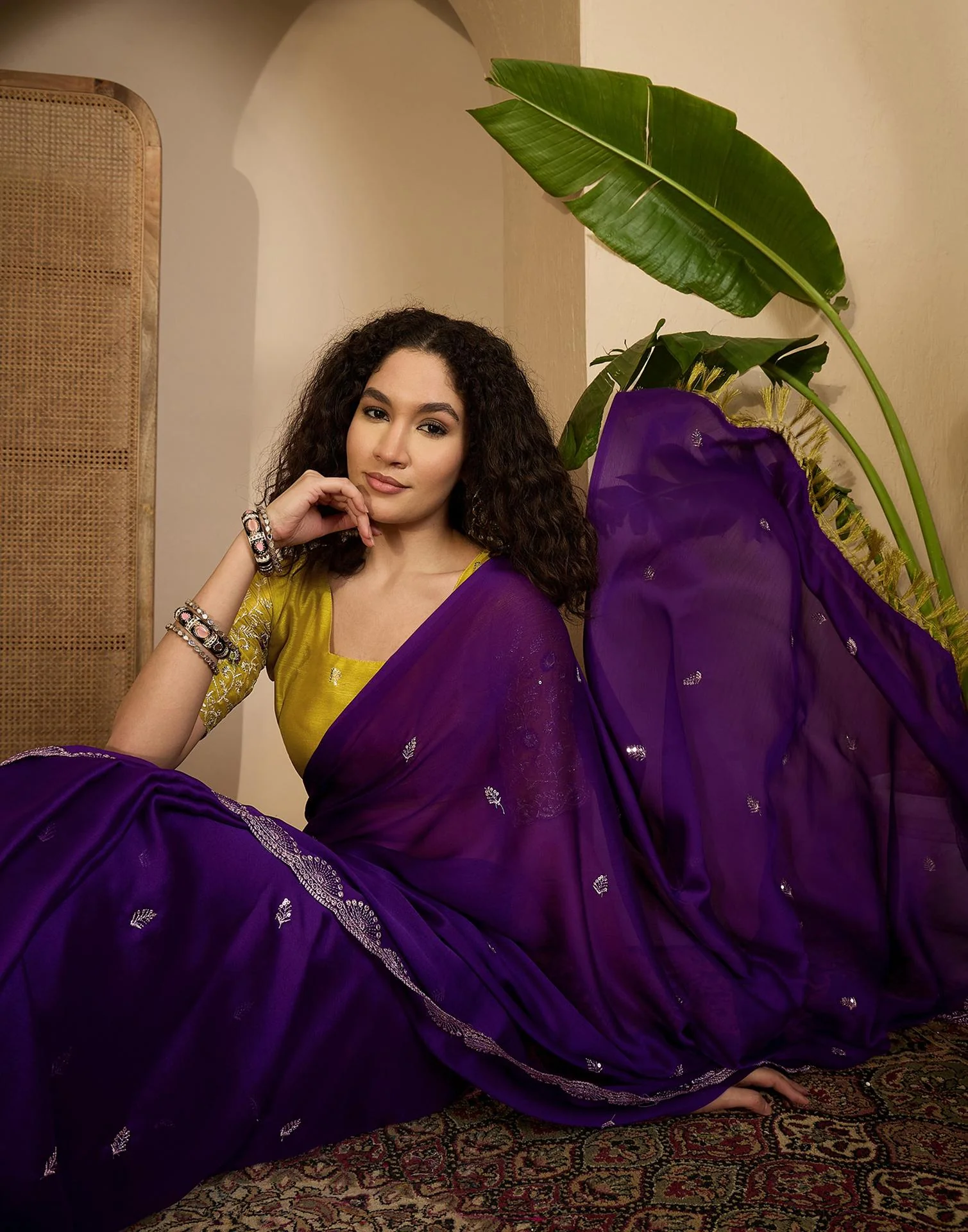 Purple Chiffon Sequence  Embroidery Saree - Image 7