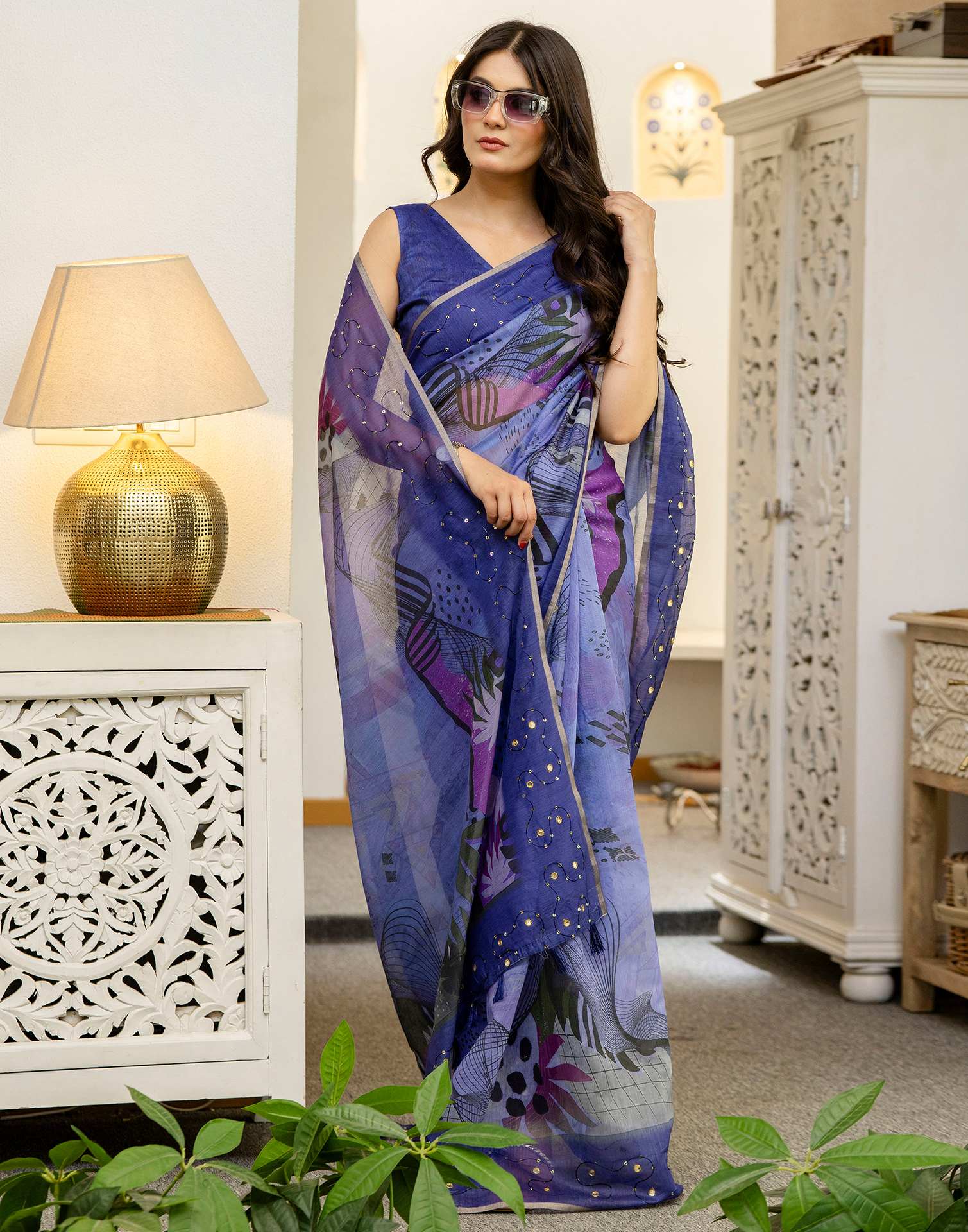 Purple Cotton Embroidery Printed Saree - Image 4