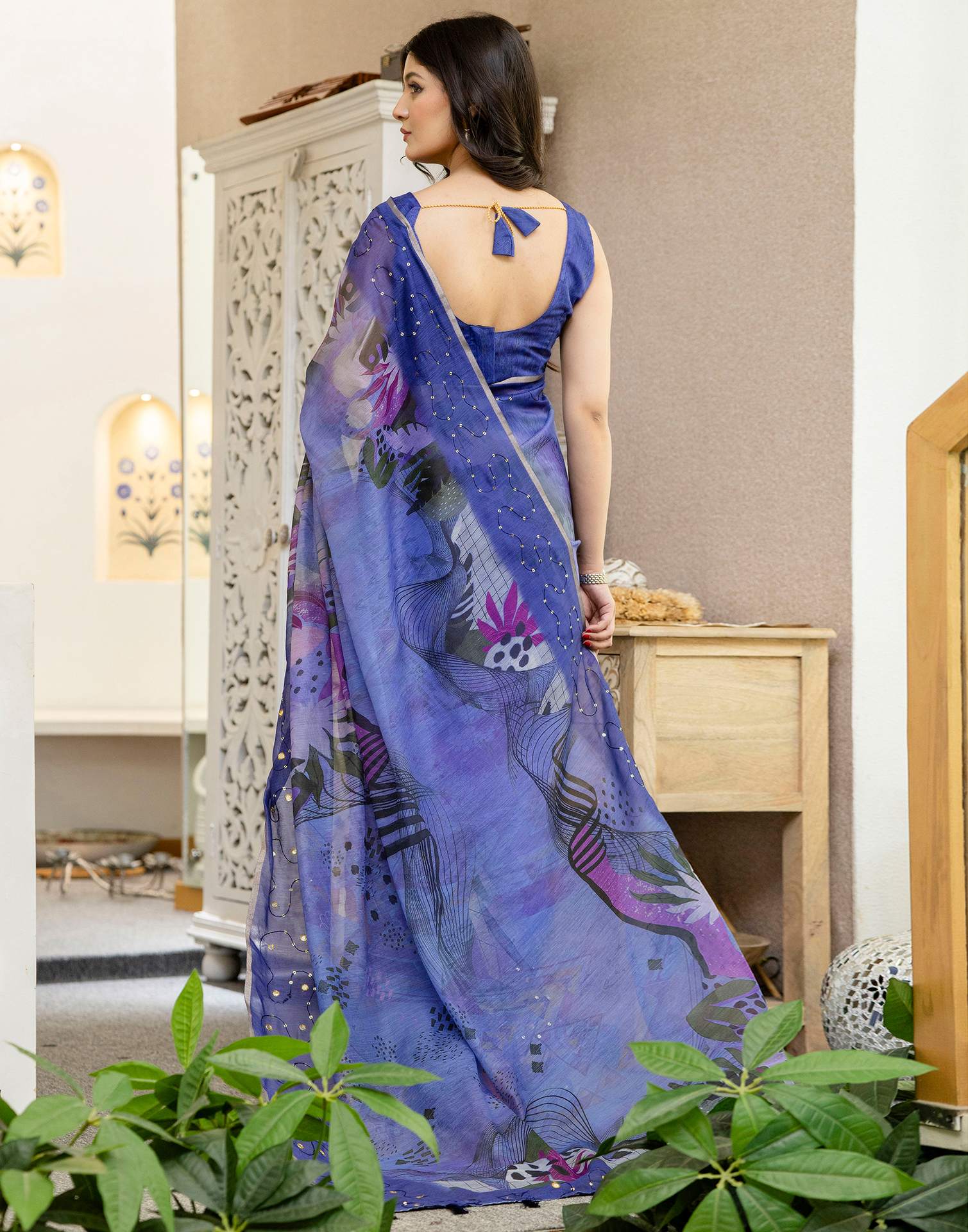 Purple Cotton Embroidery Printed Saree - Image 7