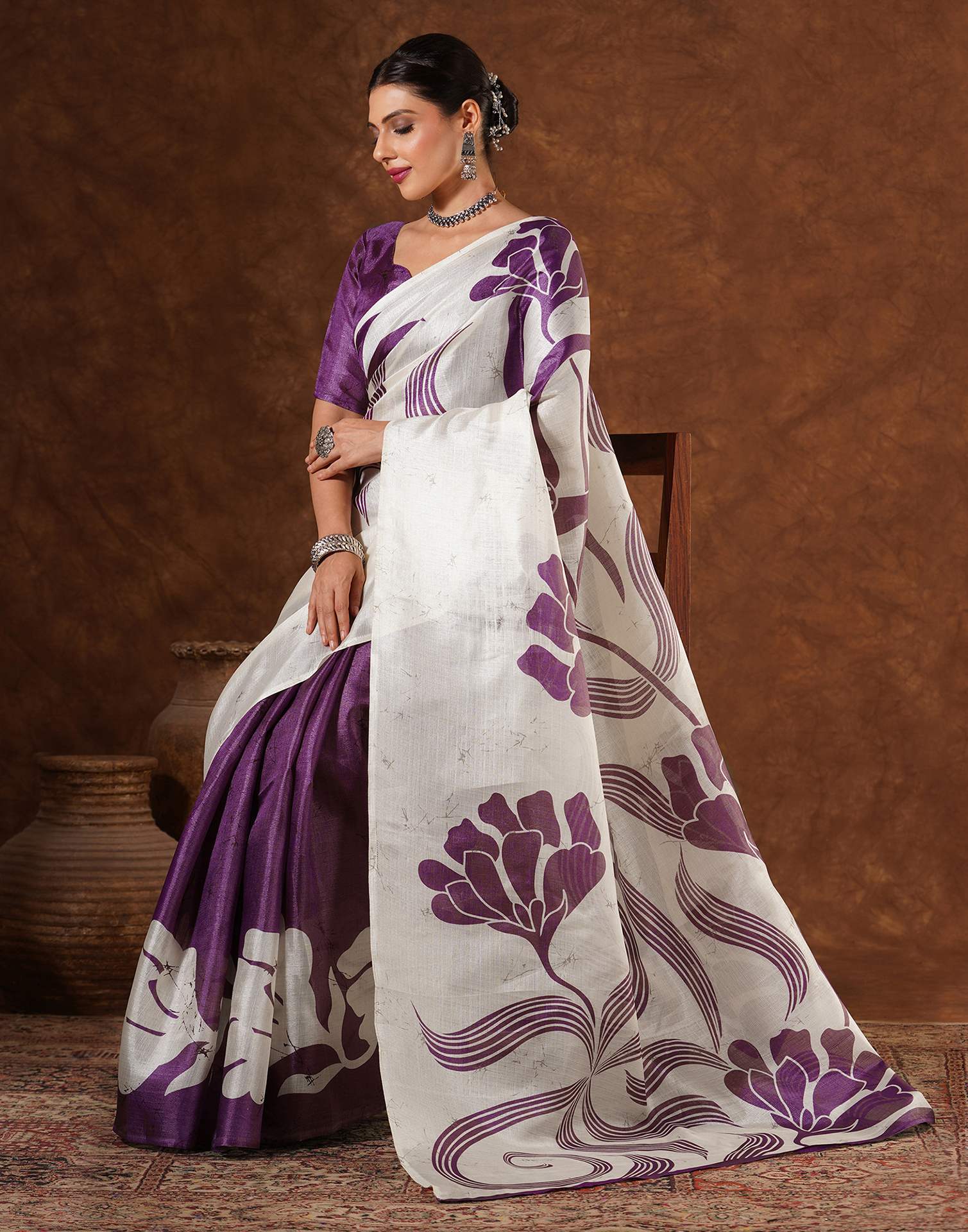 Purple Cotton Printed Saree - Image 5