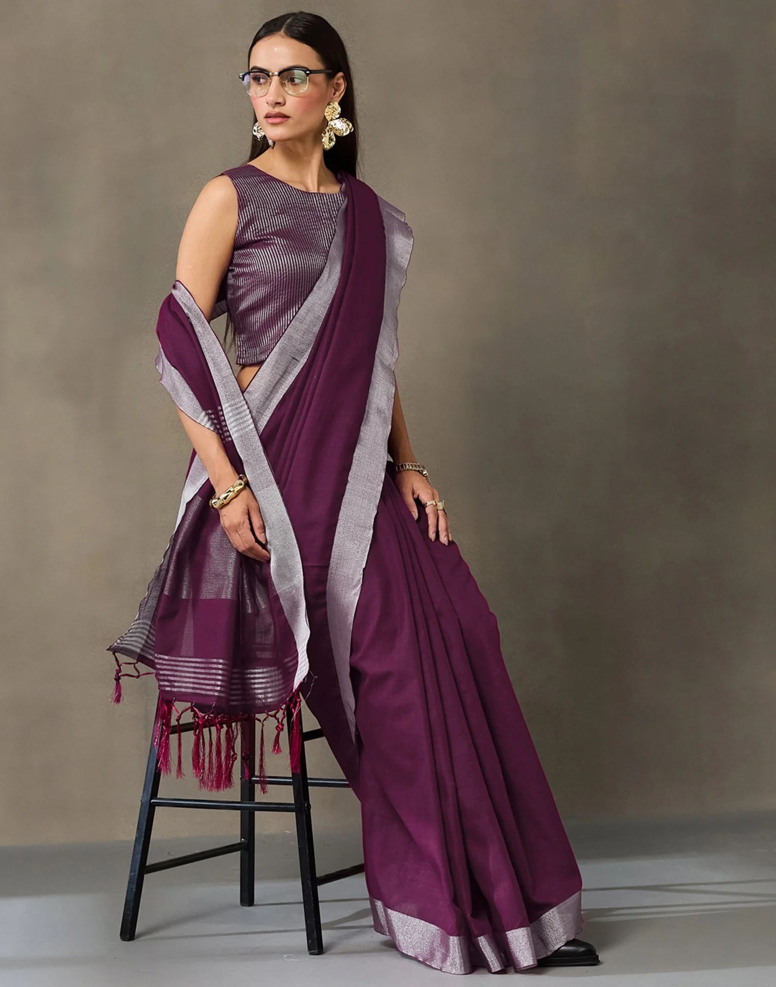 Purple Cotton Woven Saree - Image 4