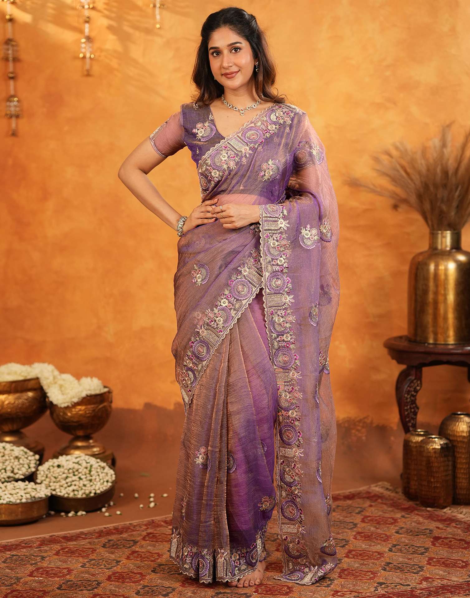Purple Crush Tissue Stone Work Embroidery Saree