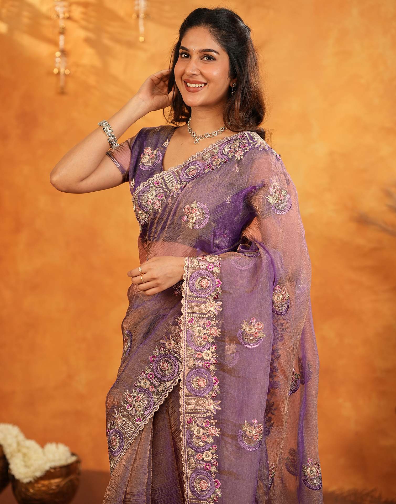 Purple Crush Tissue Stone Work Embroidery Saree - Image 4