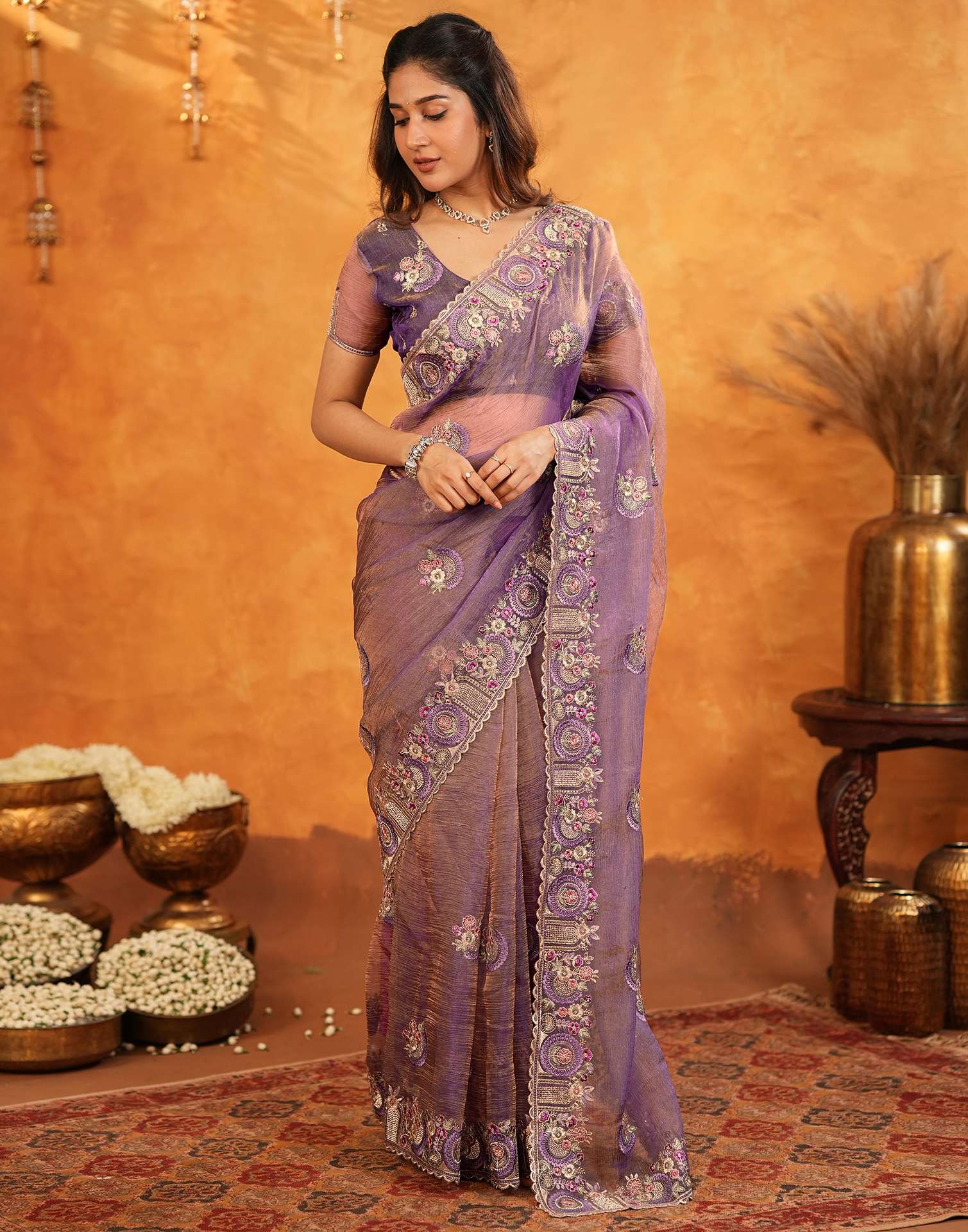 Purple Crush Tissue Stone Work Embroidery Saree - Image 8