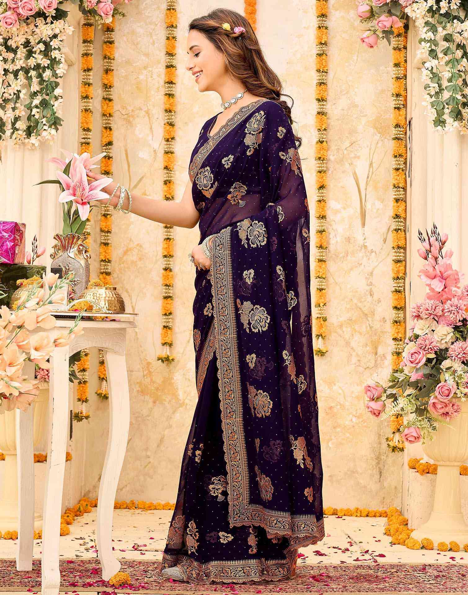 Purple Georgette Embroidery Swarovski Saree - Image 4