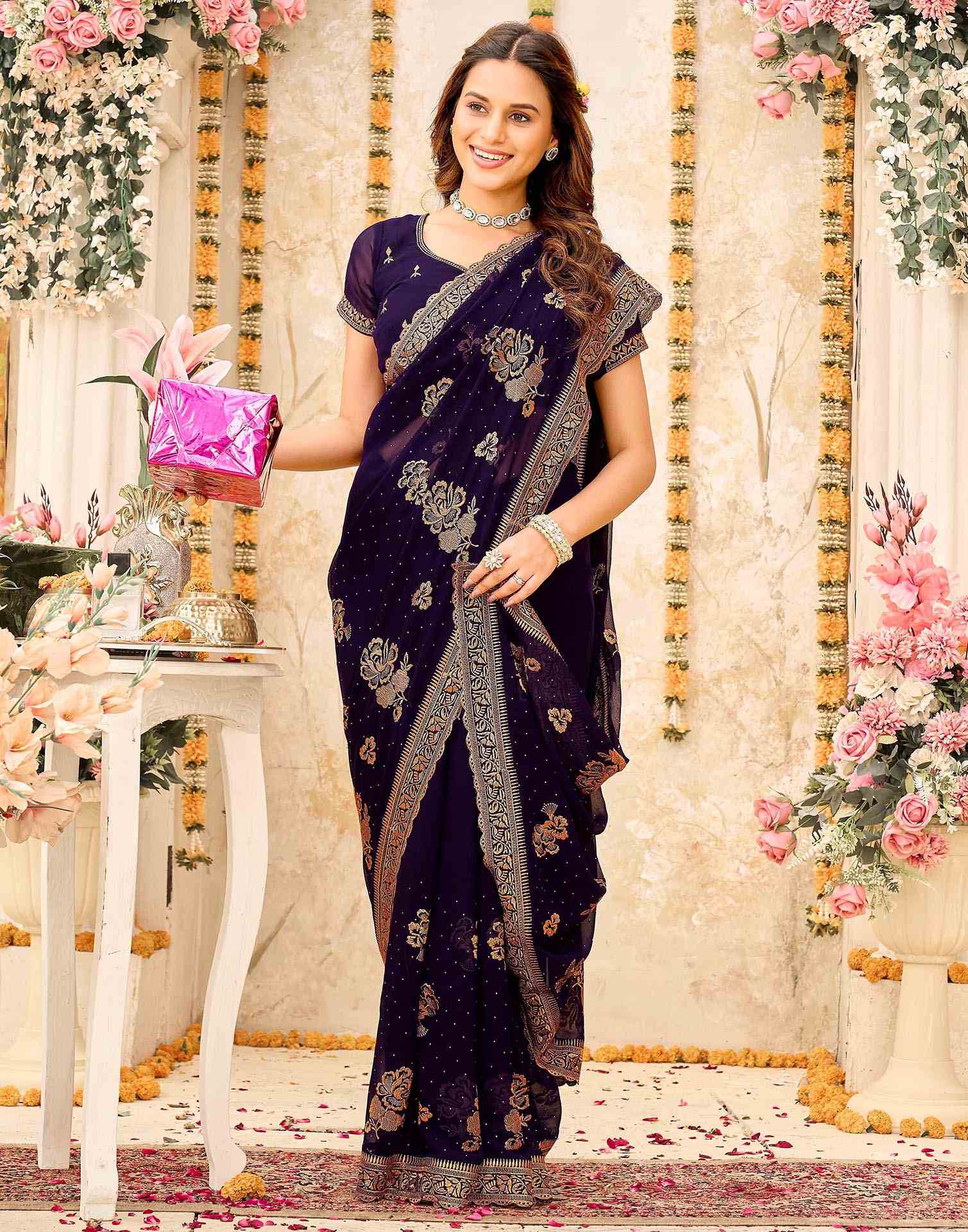 Purple Georgette Embroidery Swarovski Saree - Image 5