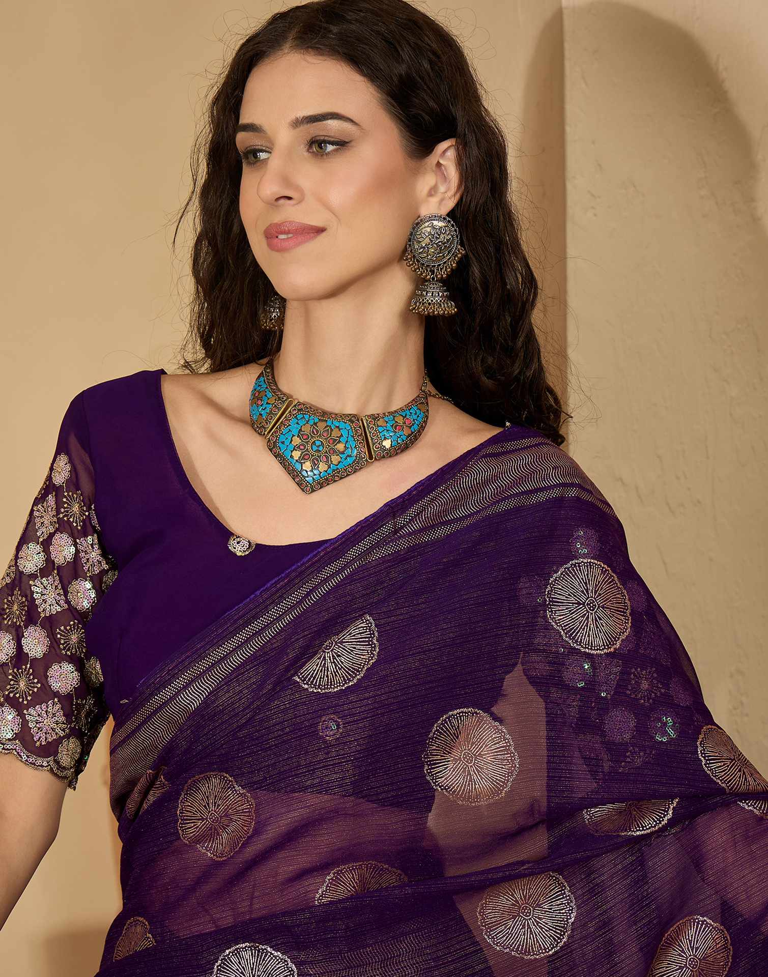 Purple Georgette Foil Printed Saree - Image 2