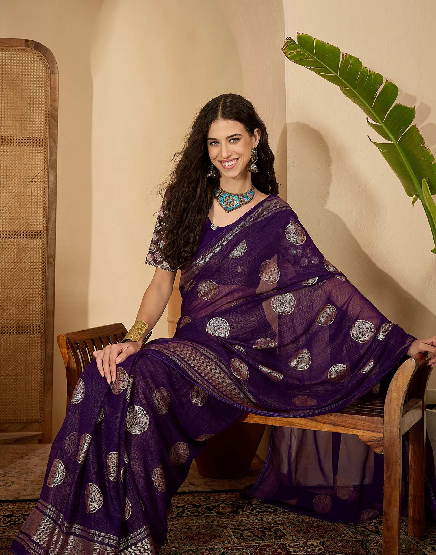 Purple Georgette Foil Printed Saree - Image 4