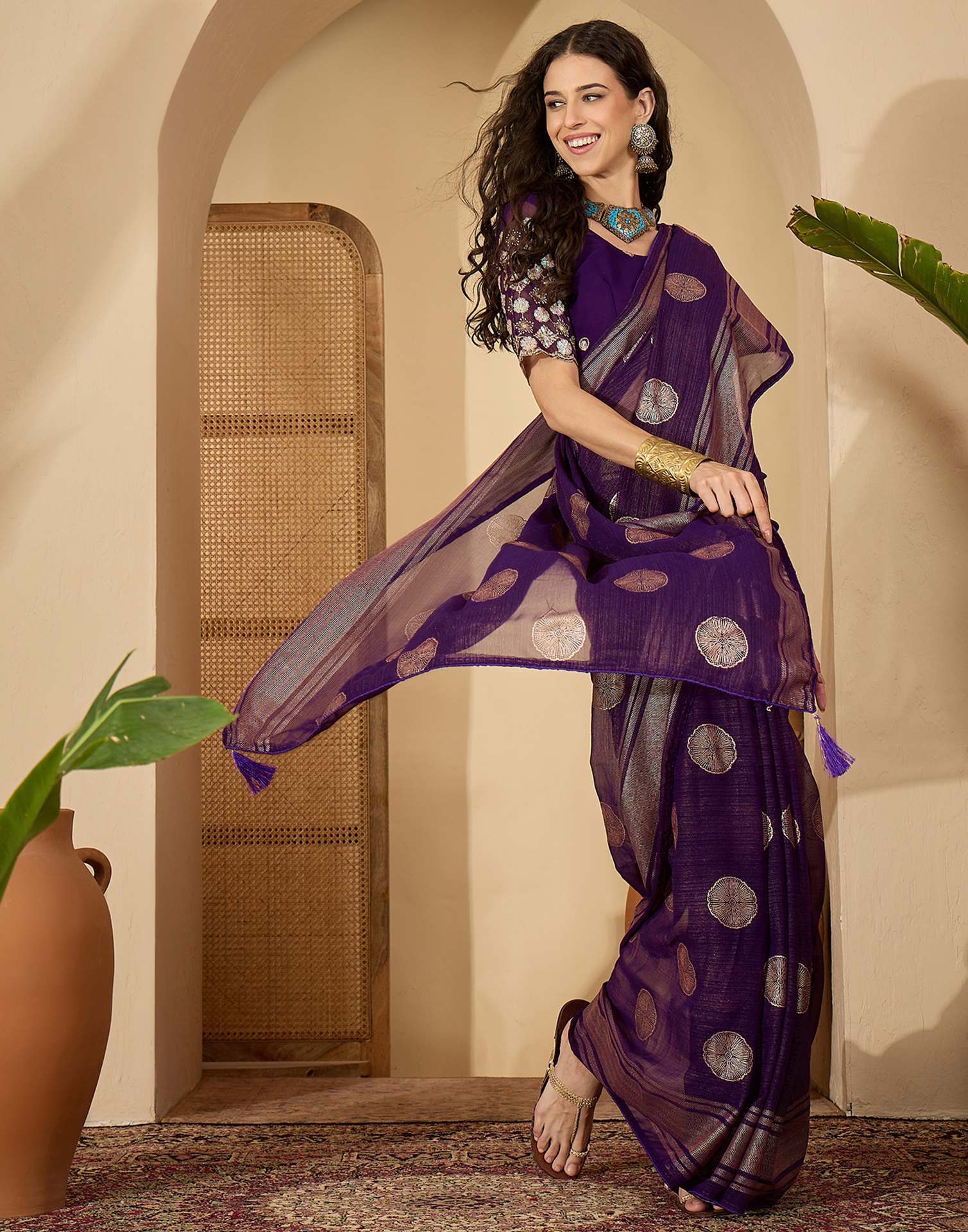 Purple Georgette Foil Printed Saree - Image 6