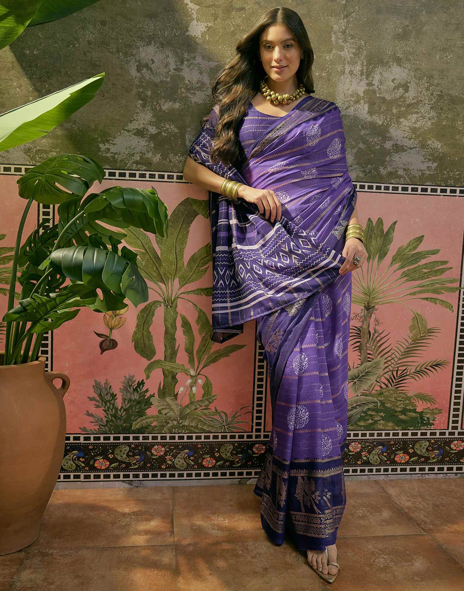 Purple Georgette Foil Printed Saree - Image 5