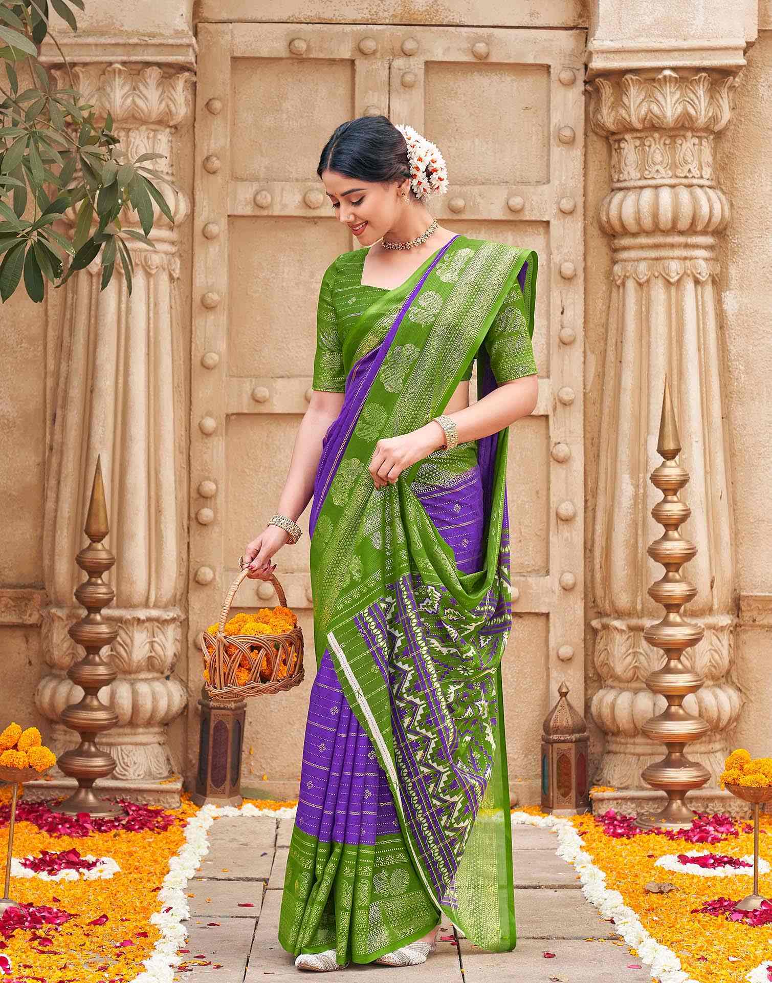 Purple Georgette Foil Printed Saree - Image 5