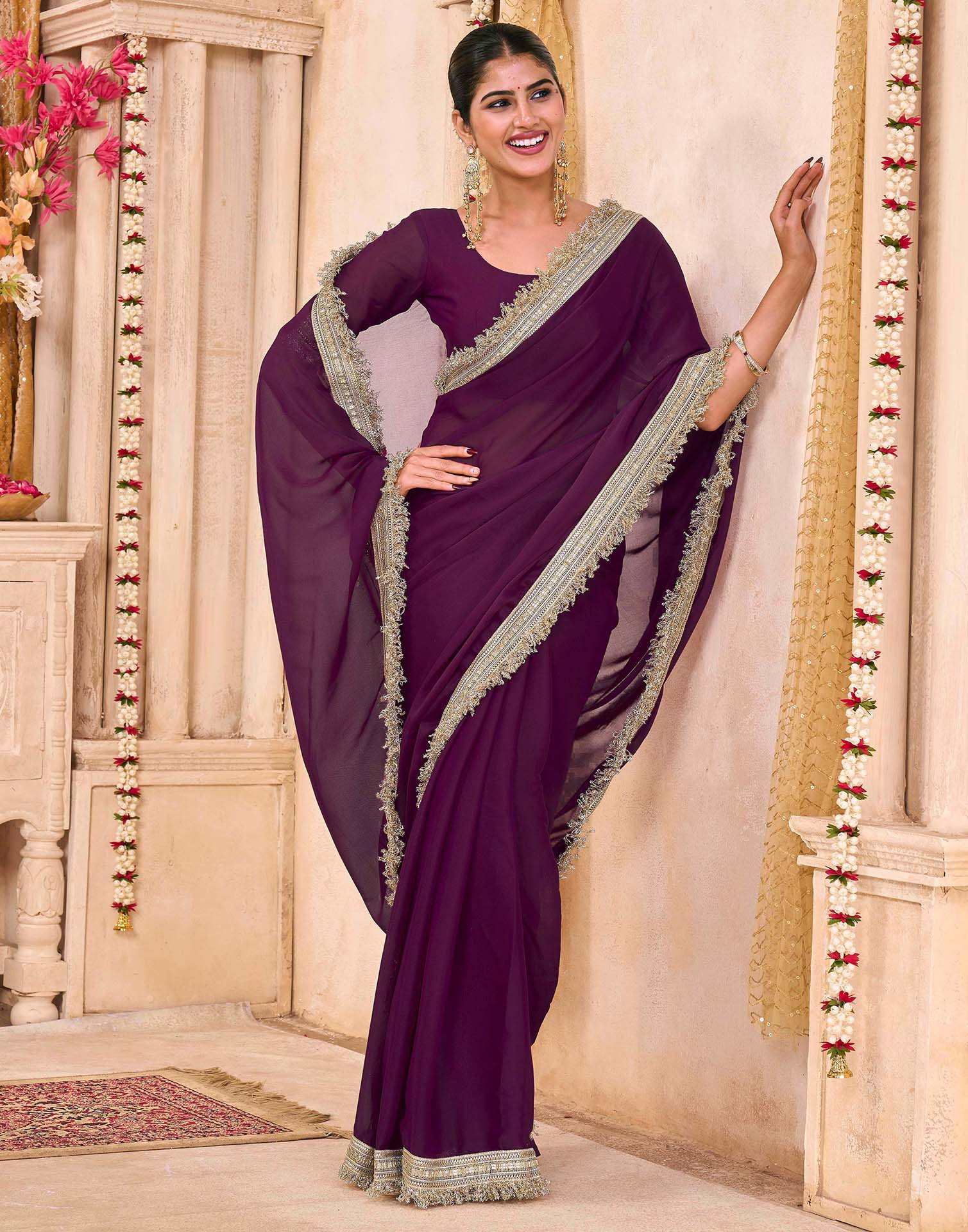 Purple Georgette Gota Lace Saree - Image 4