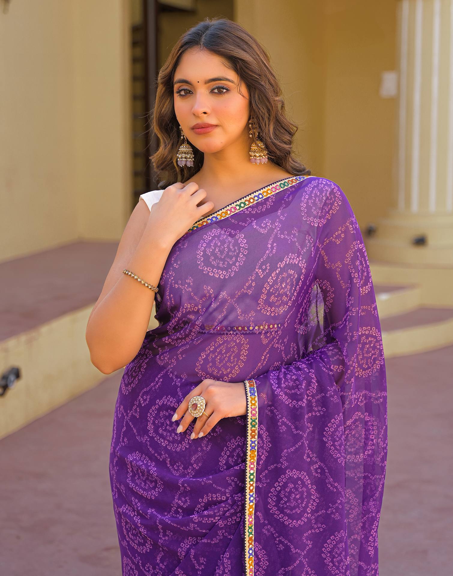 Purple Georgette Printed Bandhani Saree - Image 2
