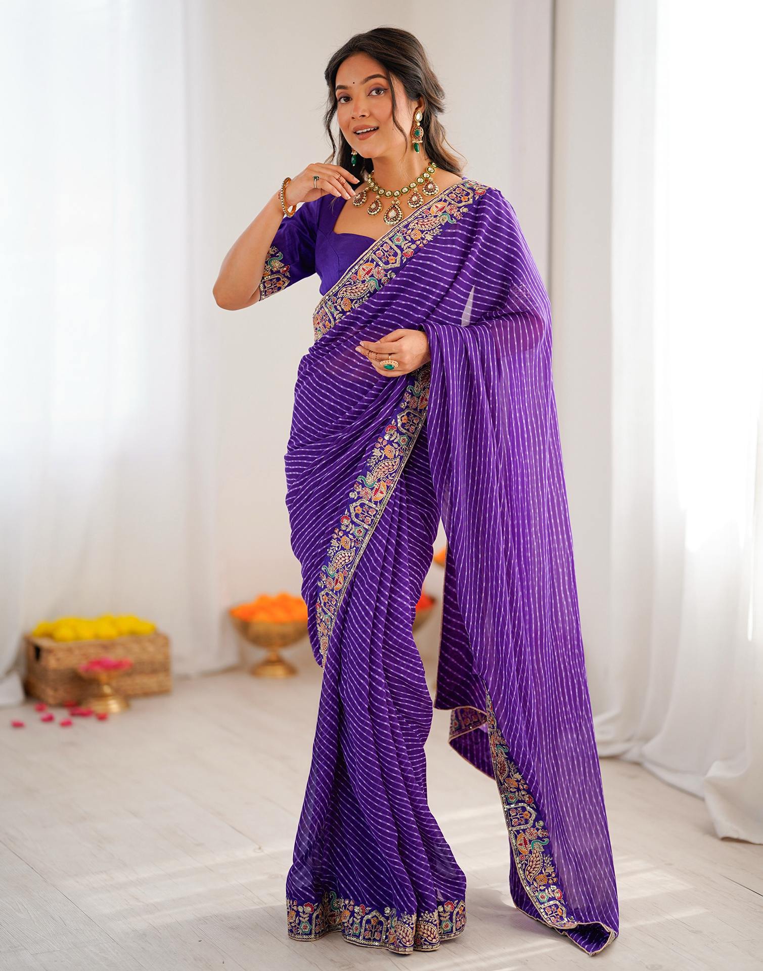 Purple Georgette Printed Laheriya Saree - Image 4