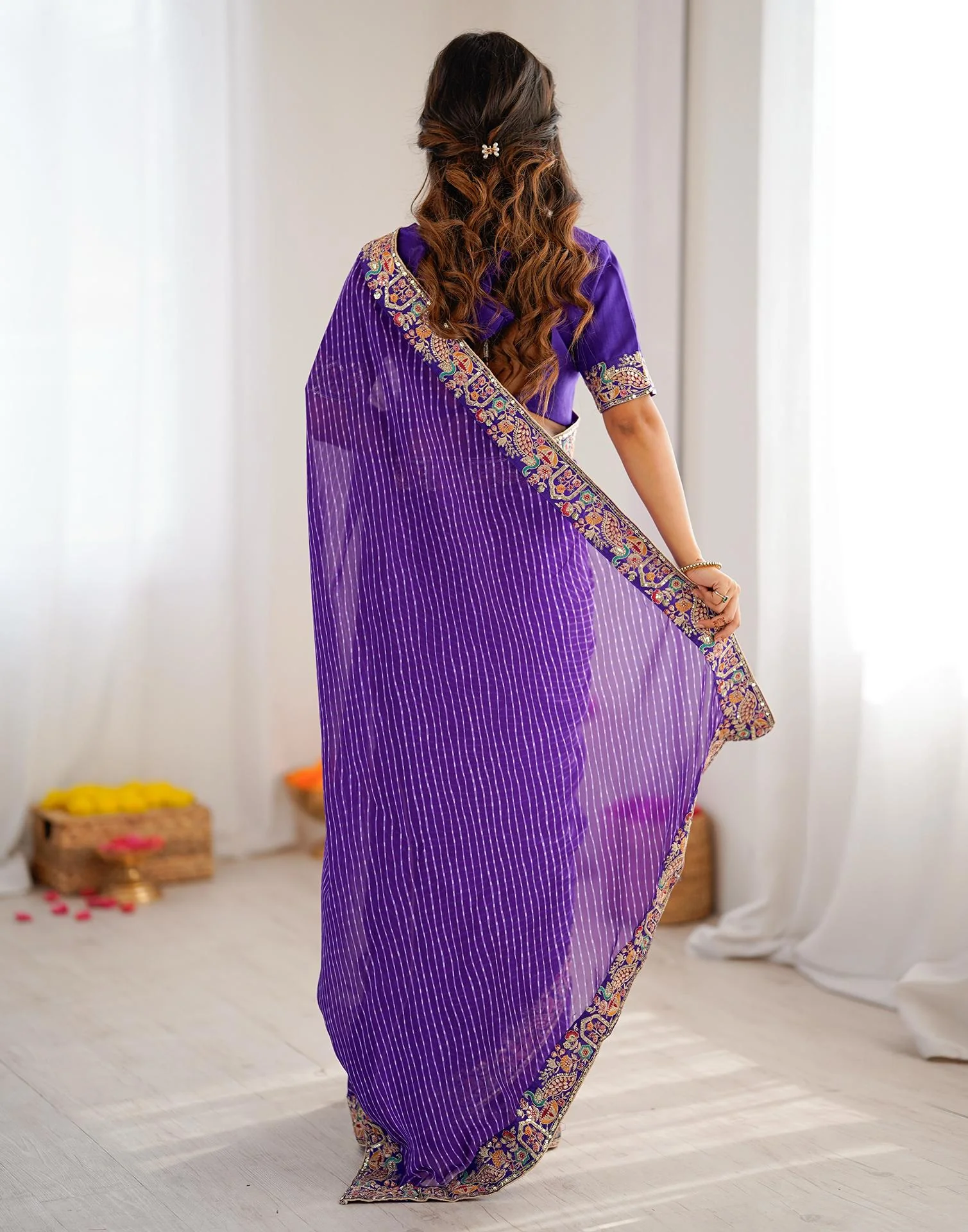 Purple Georgette Printed Laheriya Saree - Image 5