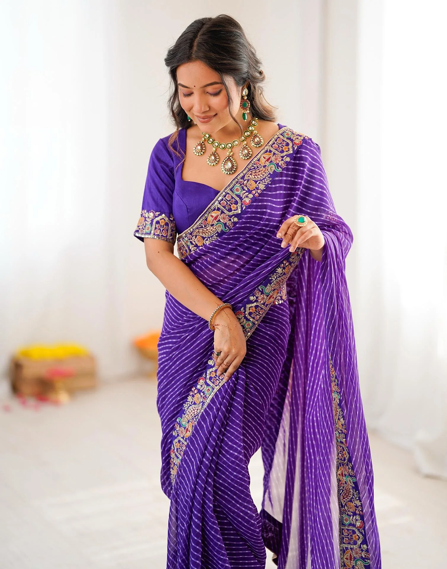 Purple Georgette Printed Laheriya Saree - Image 6