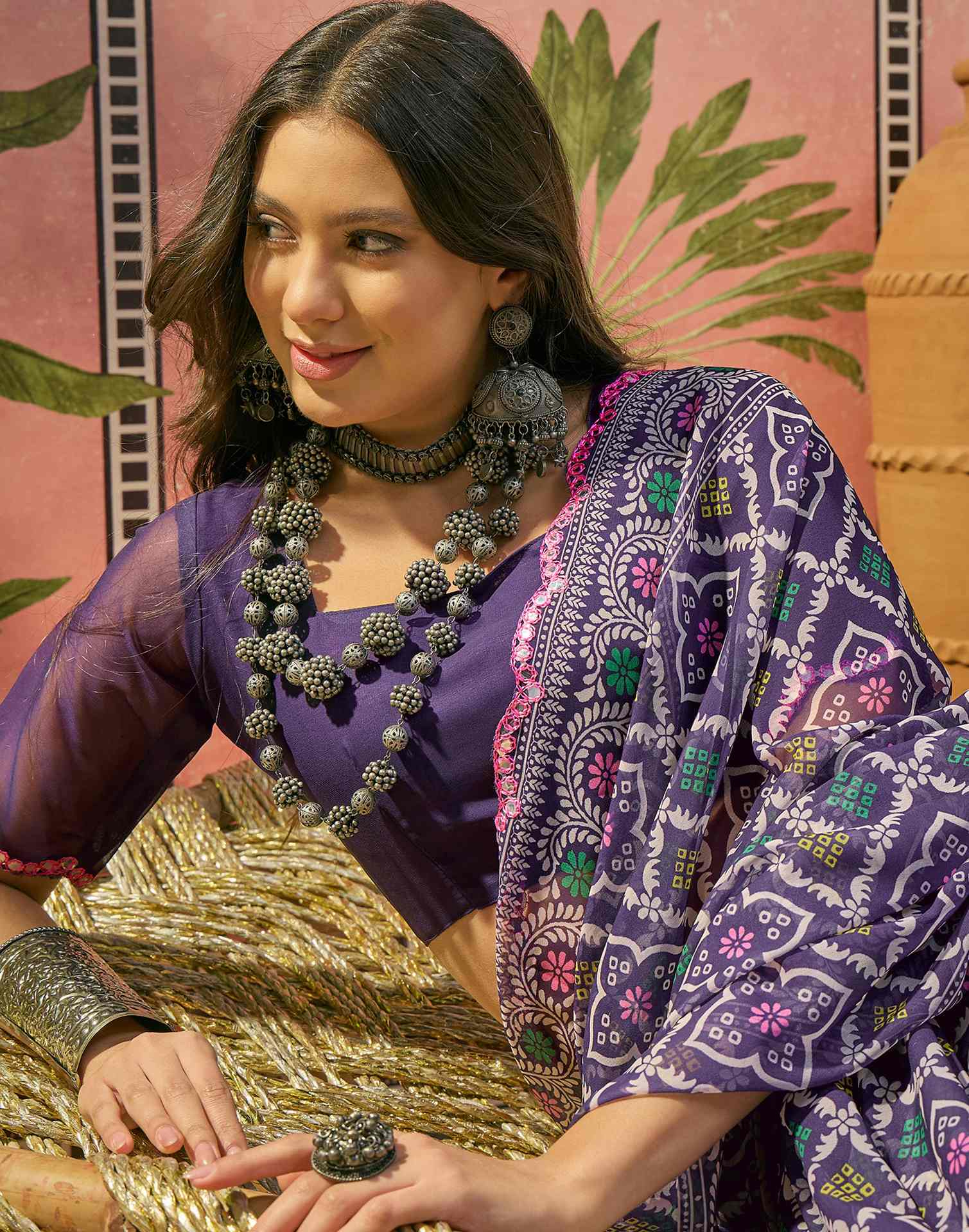 Purple Georgette Printed Mirror Work Saree - Image 2