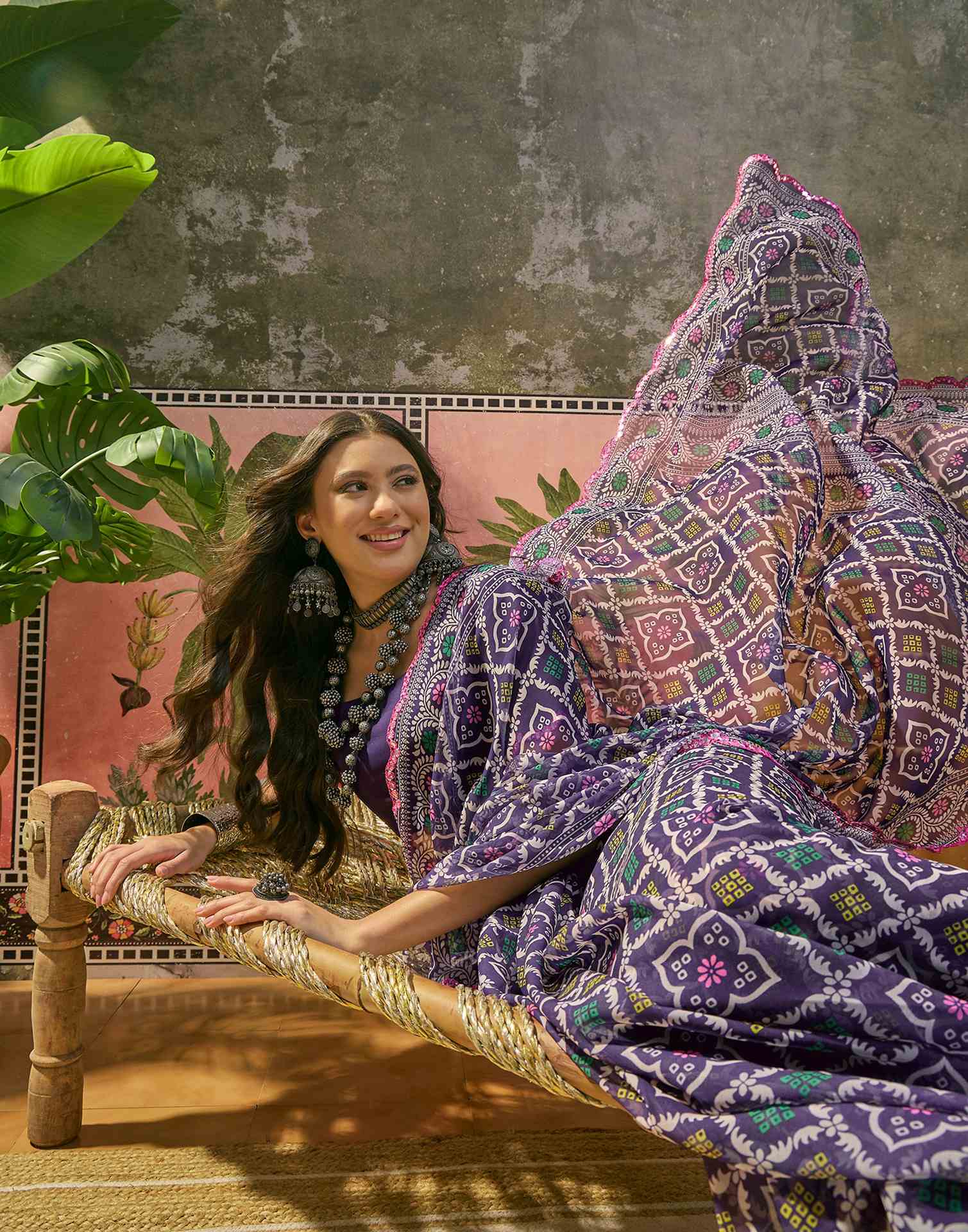 Purple Georgette Printed Mirror Work Saree - Image 4