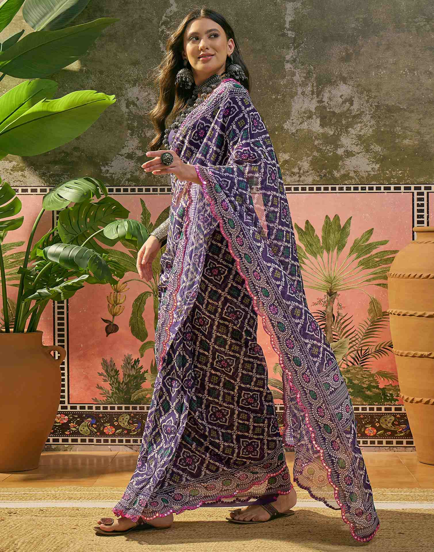 Purple Georgette Printed Mirror Work Saree - Image 5