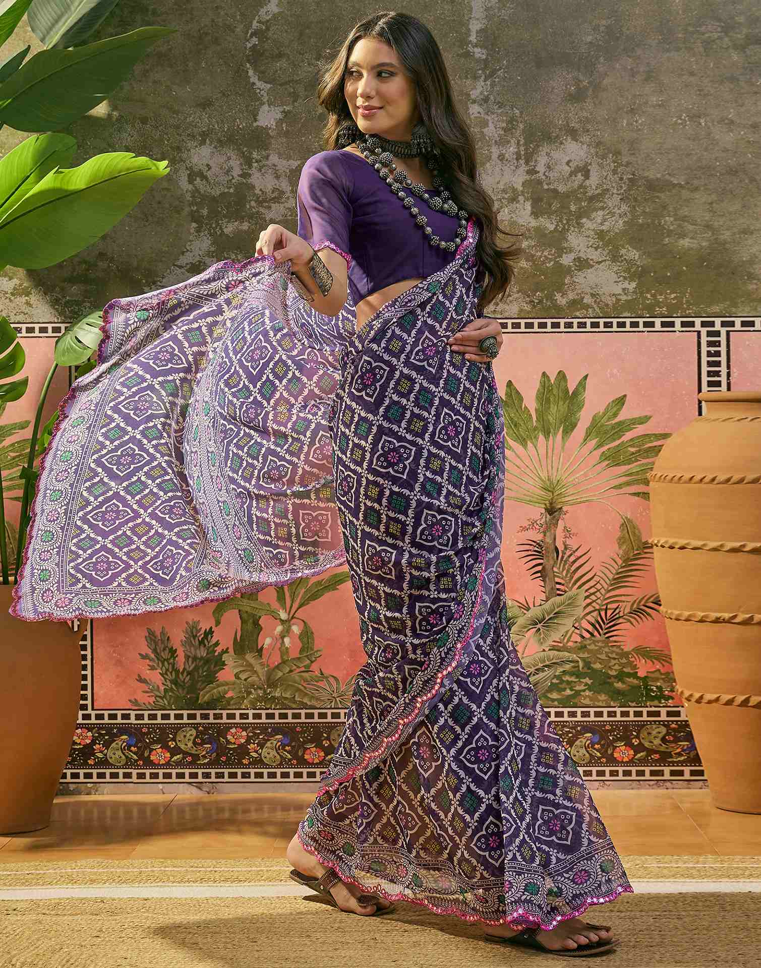 Purple Georgette Printed Mirror Work Saree - Image 6