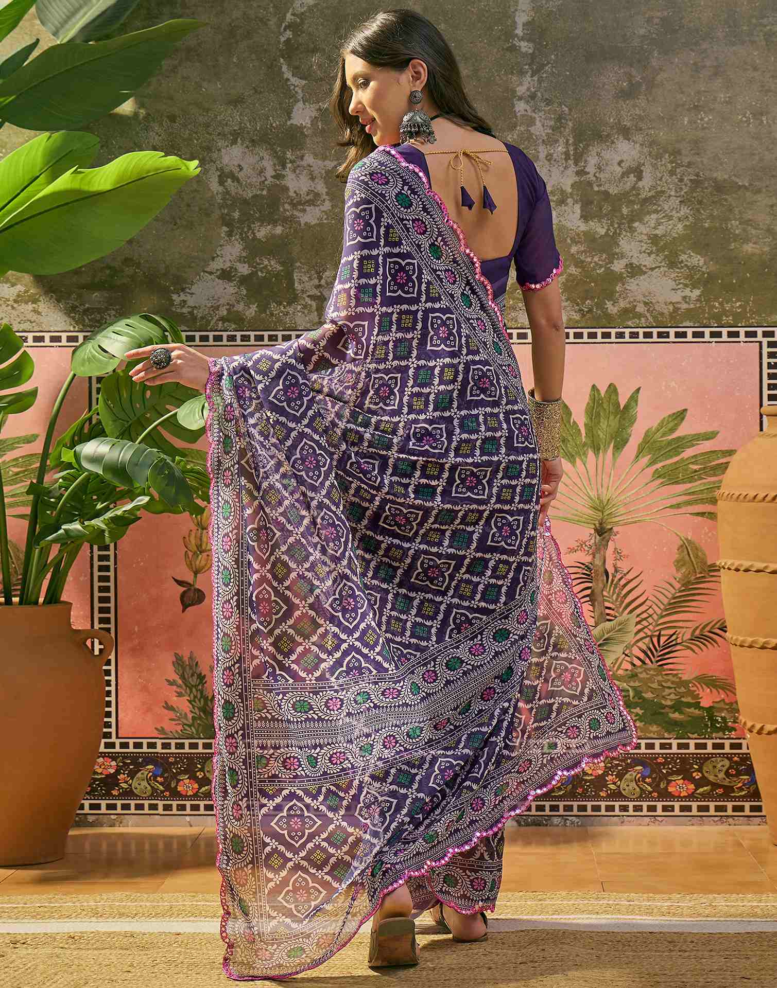 Purple Georgette Printed Mirror Work Saree - Image 7