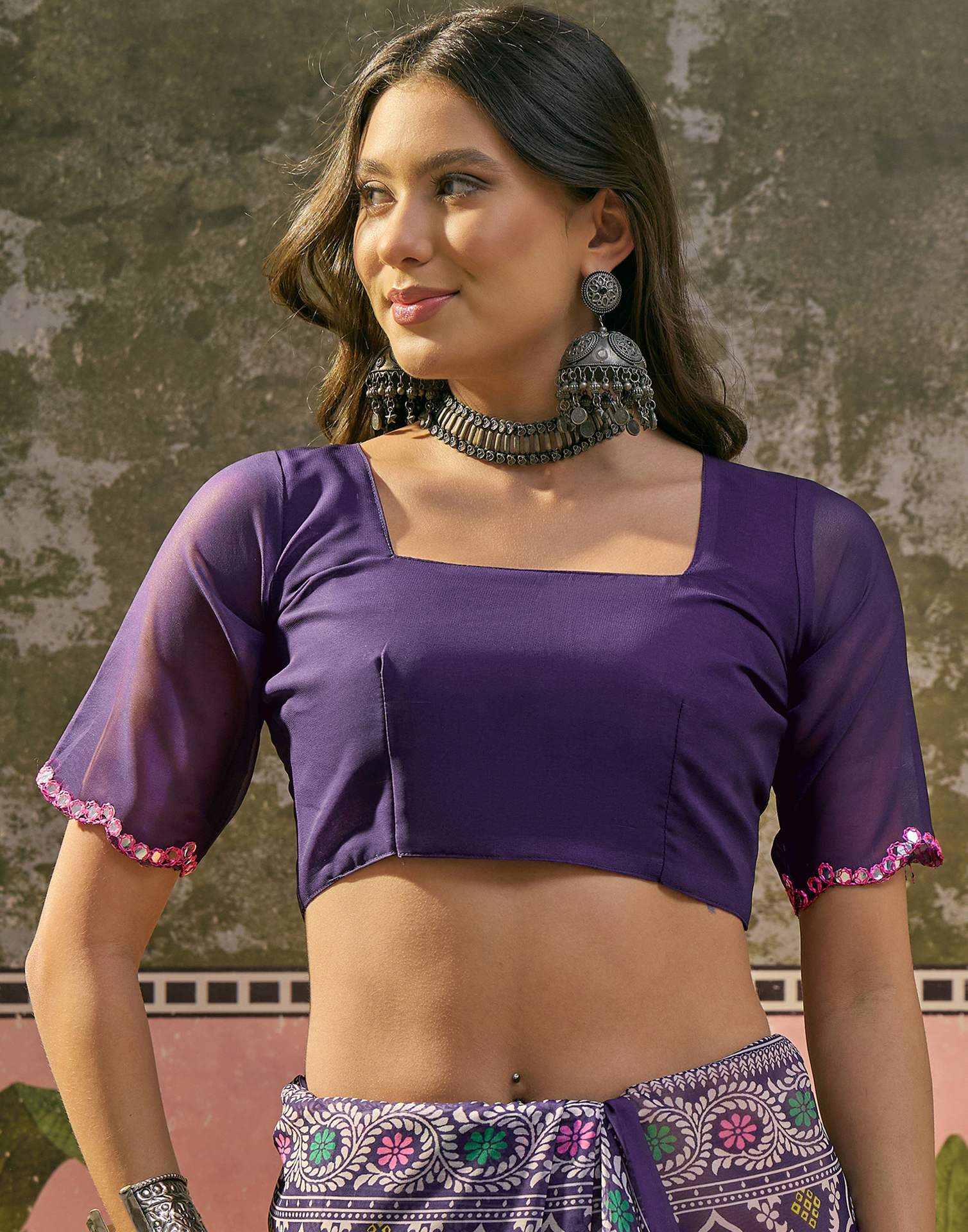 Purple Georgette Printed Mirror Work Saree - Image 8