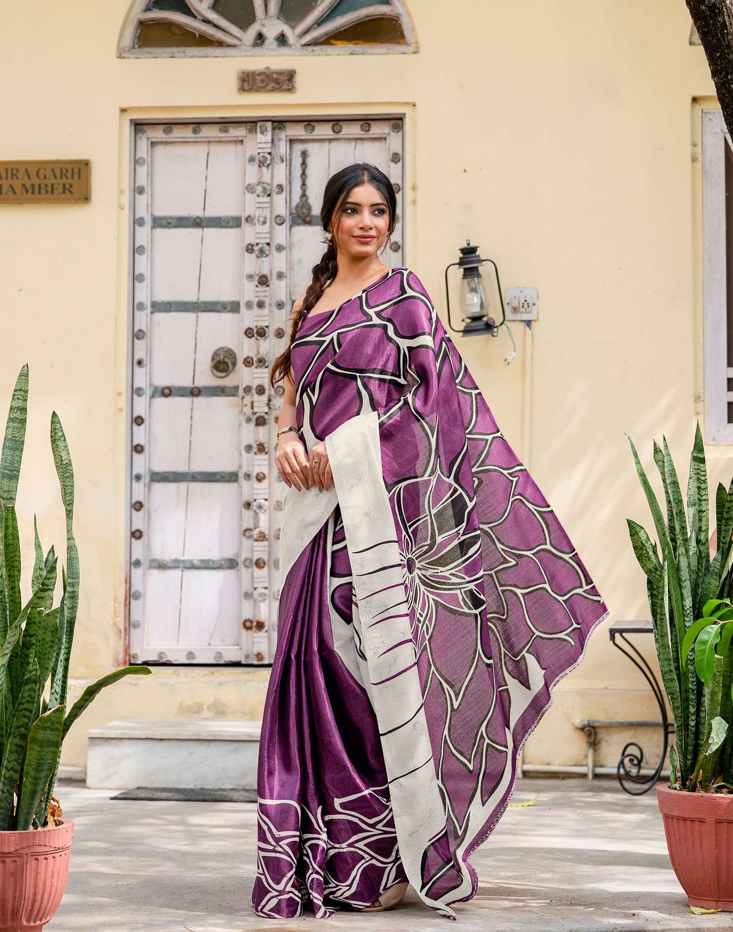 Purple Khadi Abstract Printed Saree - Image 4