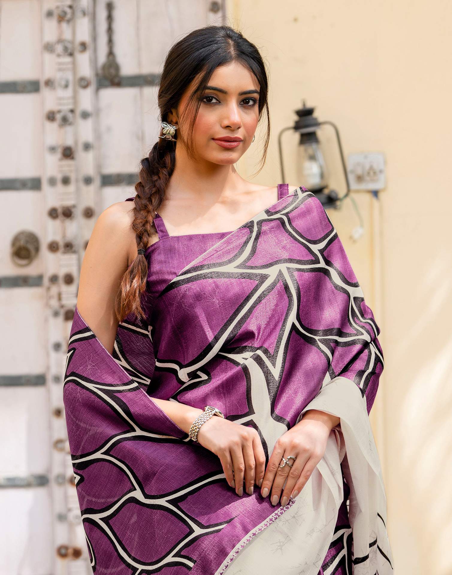 Purple Khadi Abstract Printed Saree - Image 9