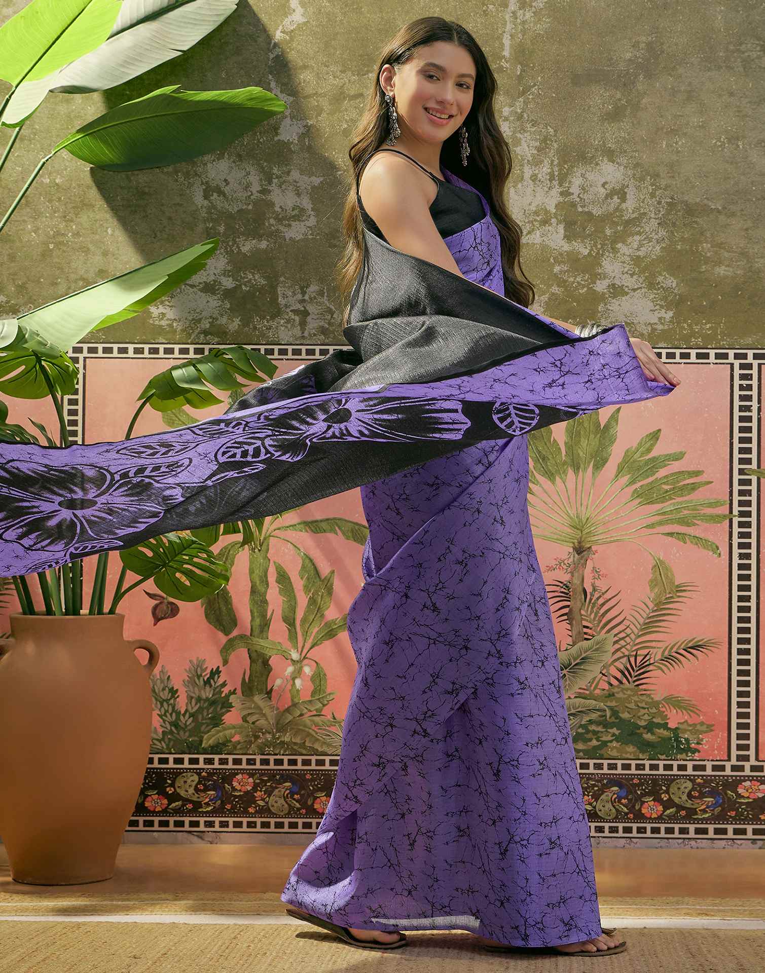 Purple Khadi Floral Printed Saree - Image 5