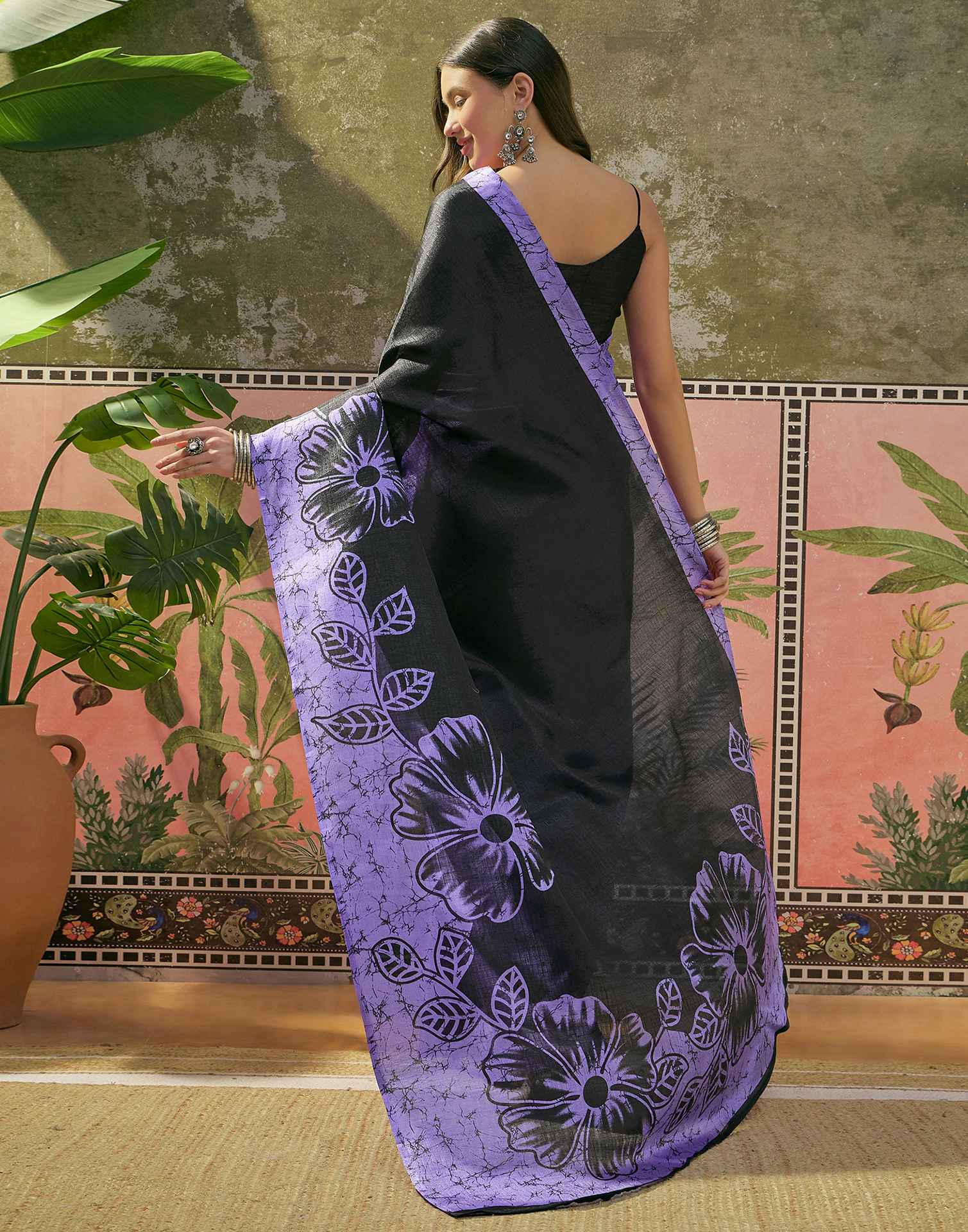 Purple Khadi Floral Printed Saree - Image 6