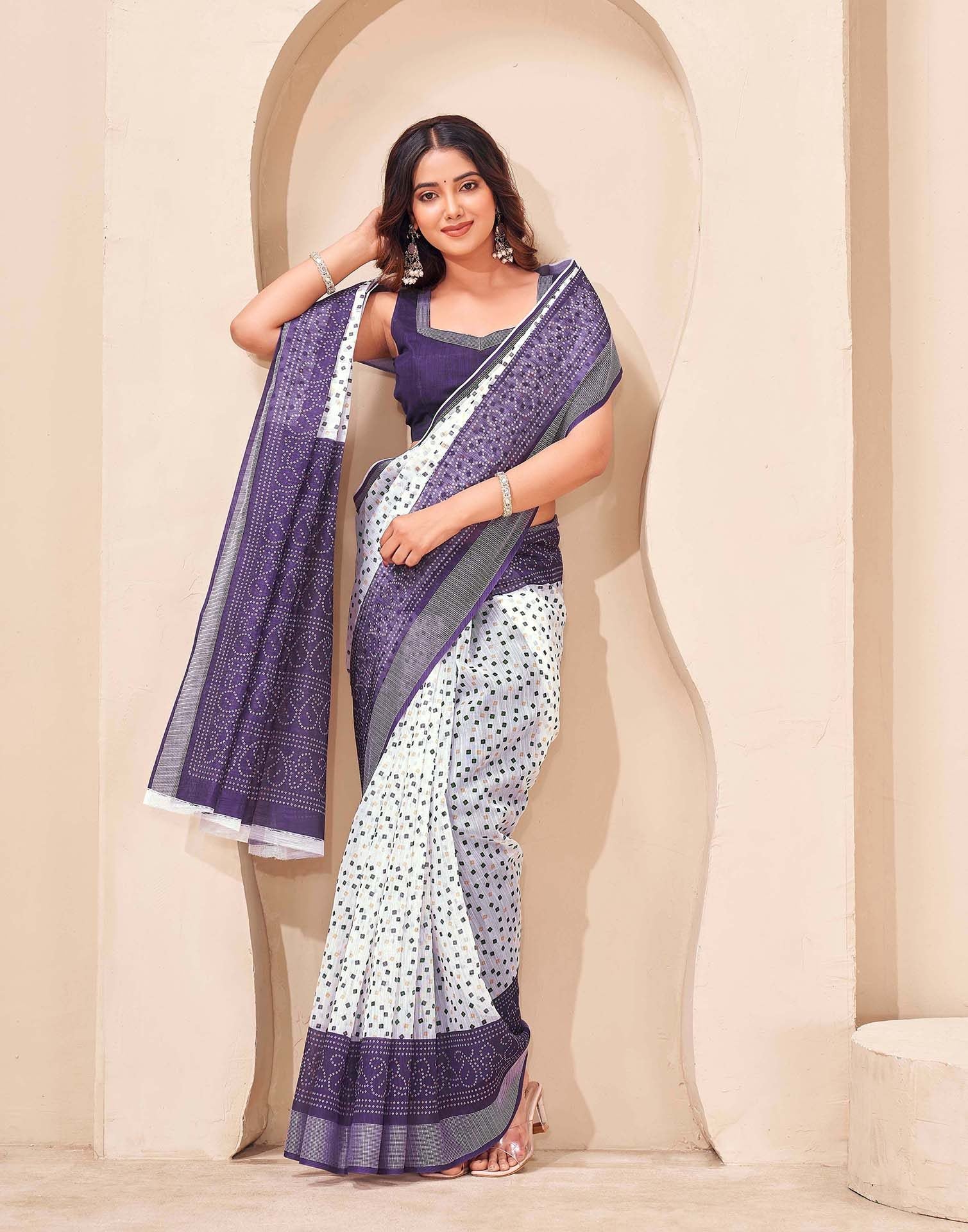 Purple Linen Bandhani Printed Saree - Image 5