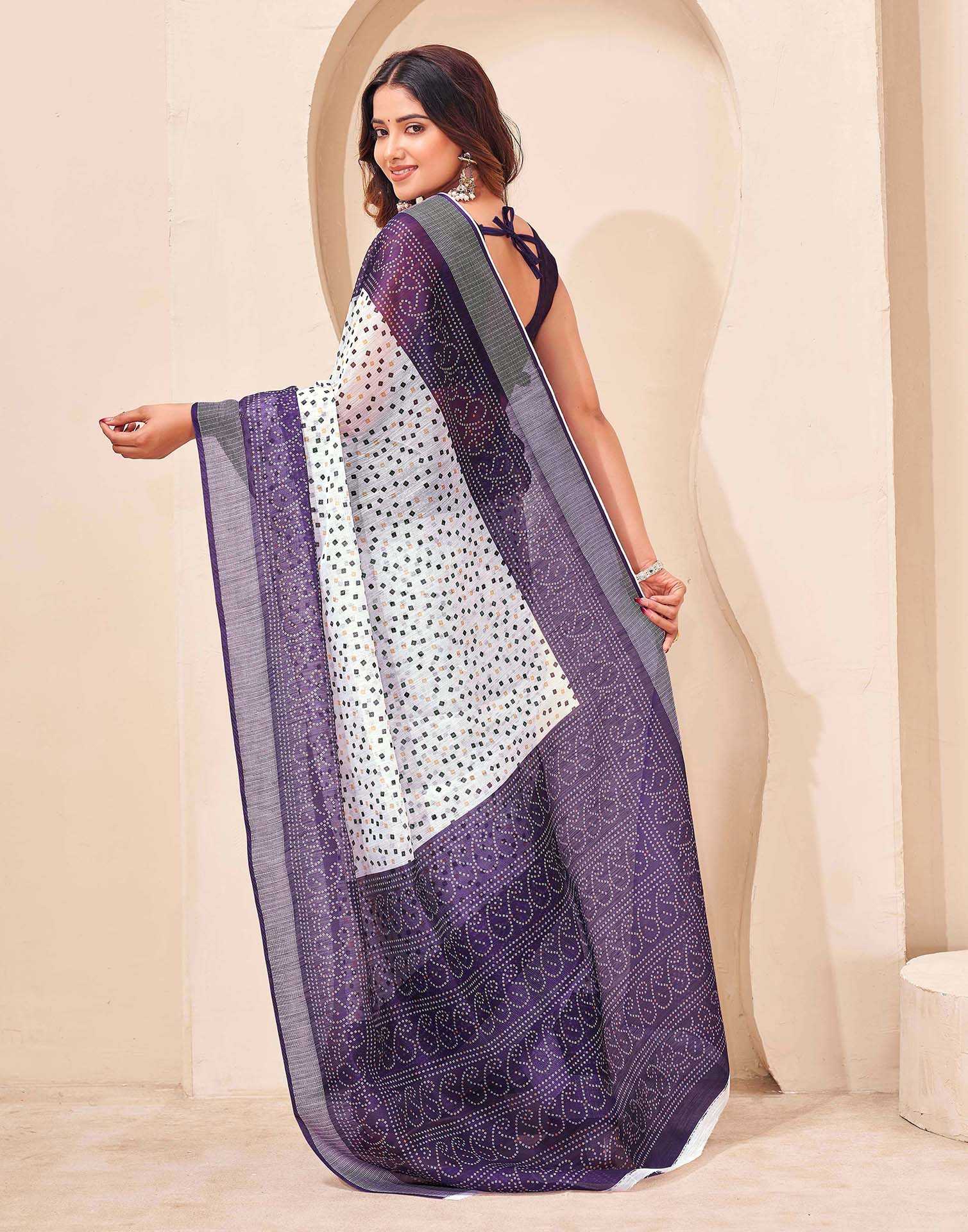 Purple Linen Bandhani Printed Saree - Image 6