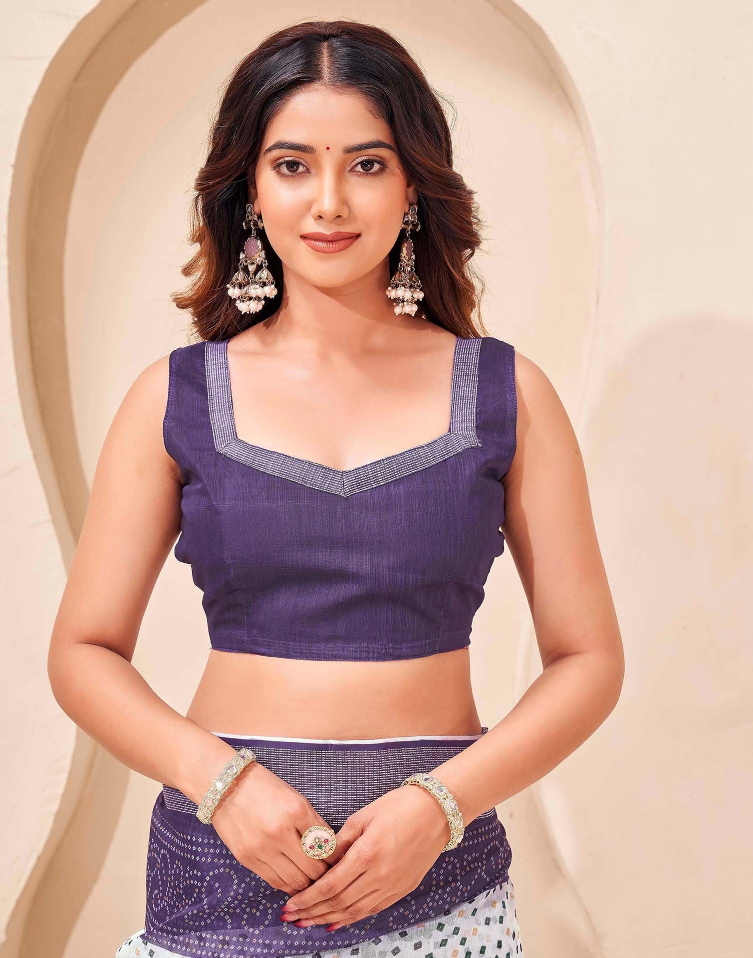 Purple Linen Bandhani Printed Saree - Image 7