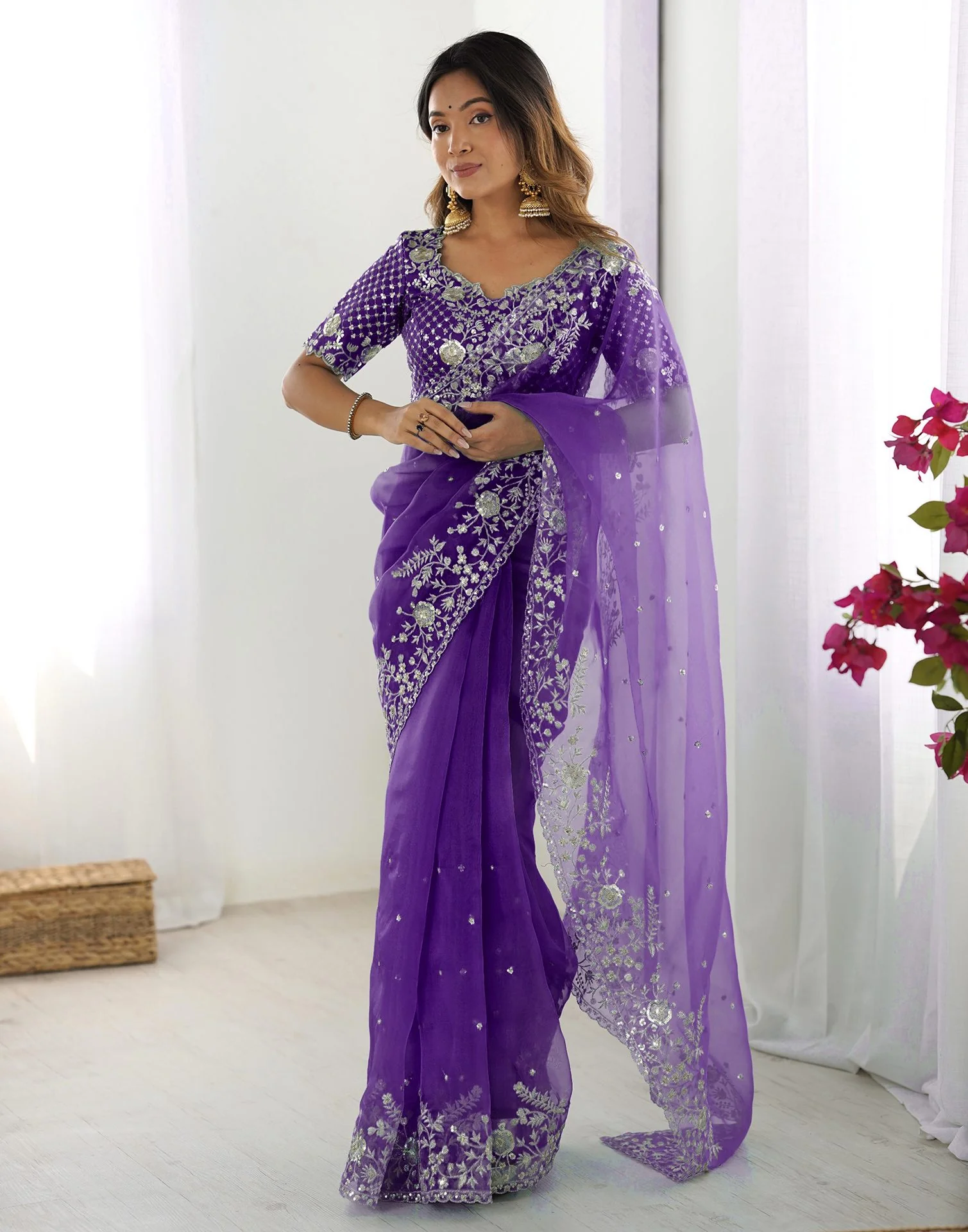 Purple Organza Embroidery Lace Saree - Image 4