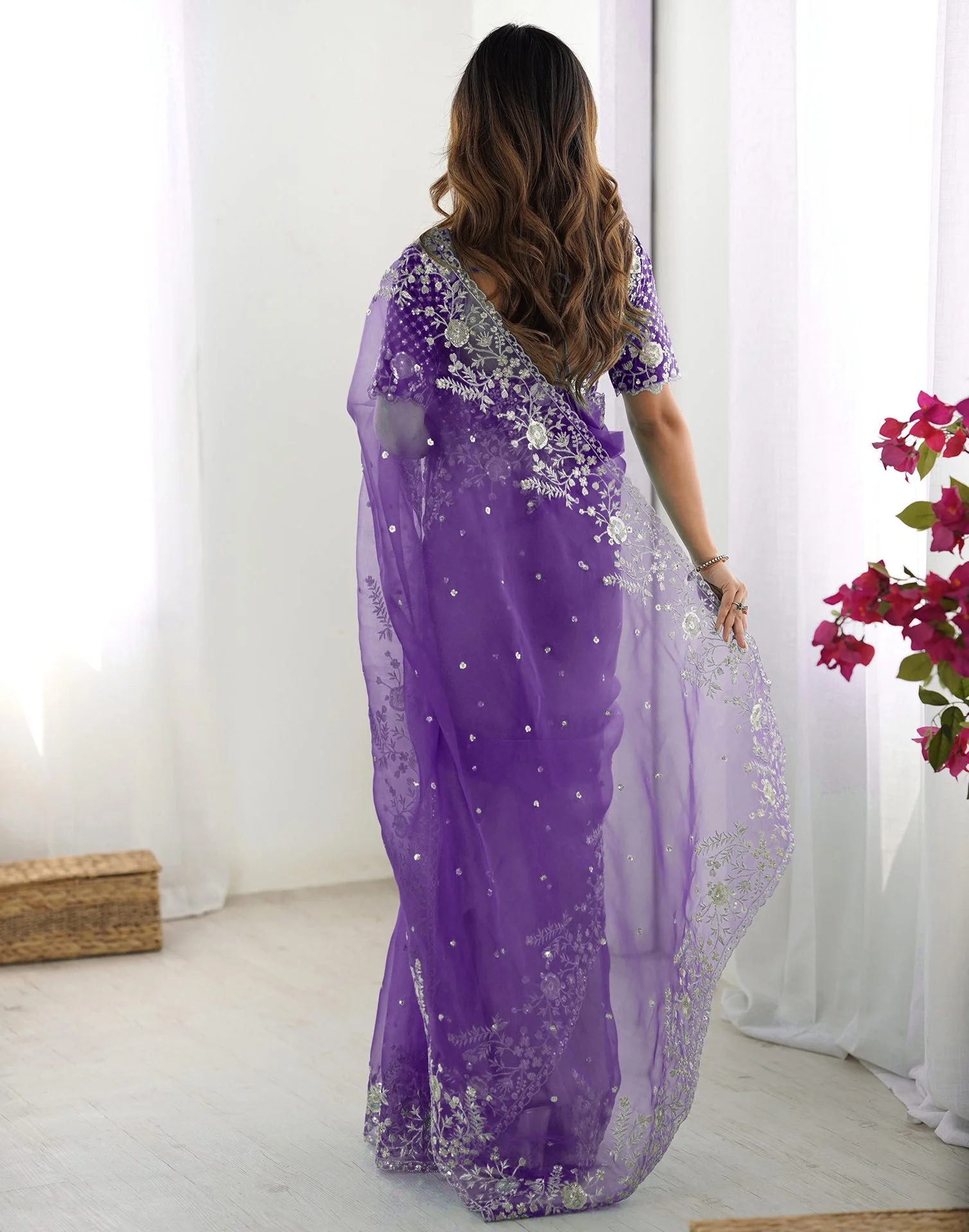 Purple Organza Embroidery Lace Saree - Image 5