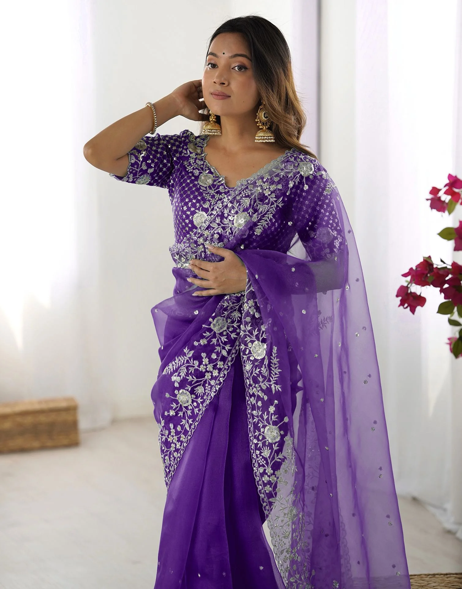 Purple Organza Embroidery Lace Saree - Image 6