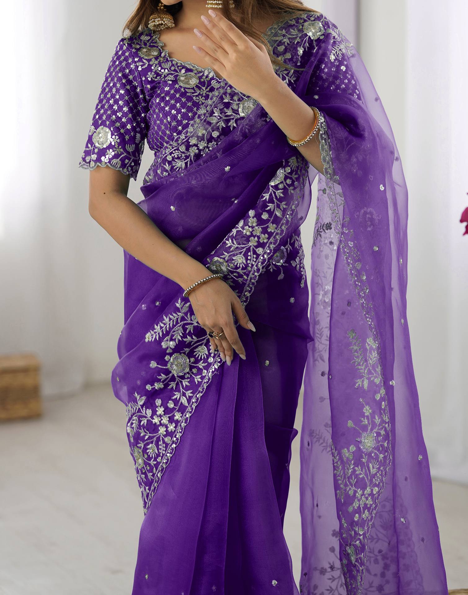 Purple Organza Embroidery Lace Saree - Image 7