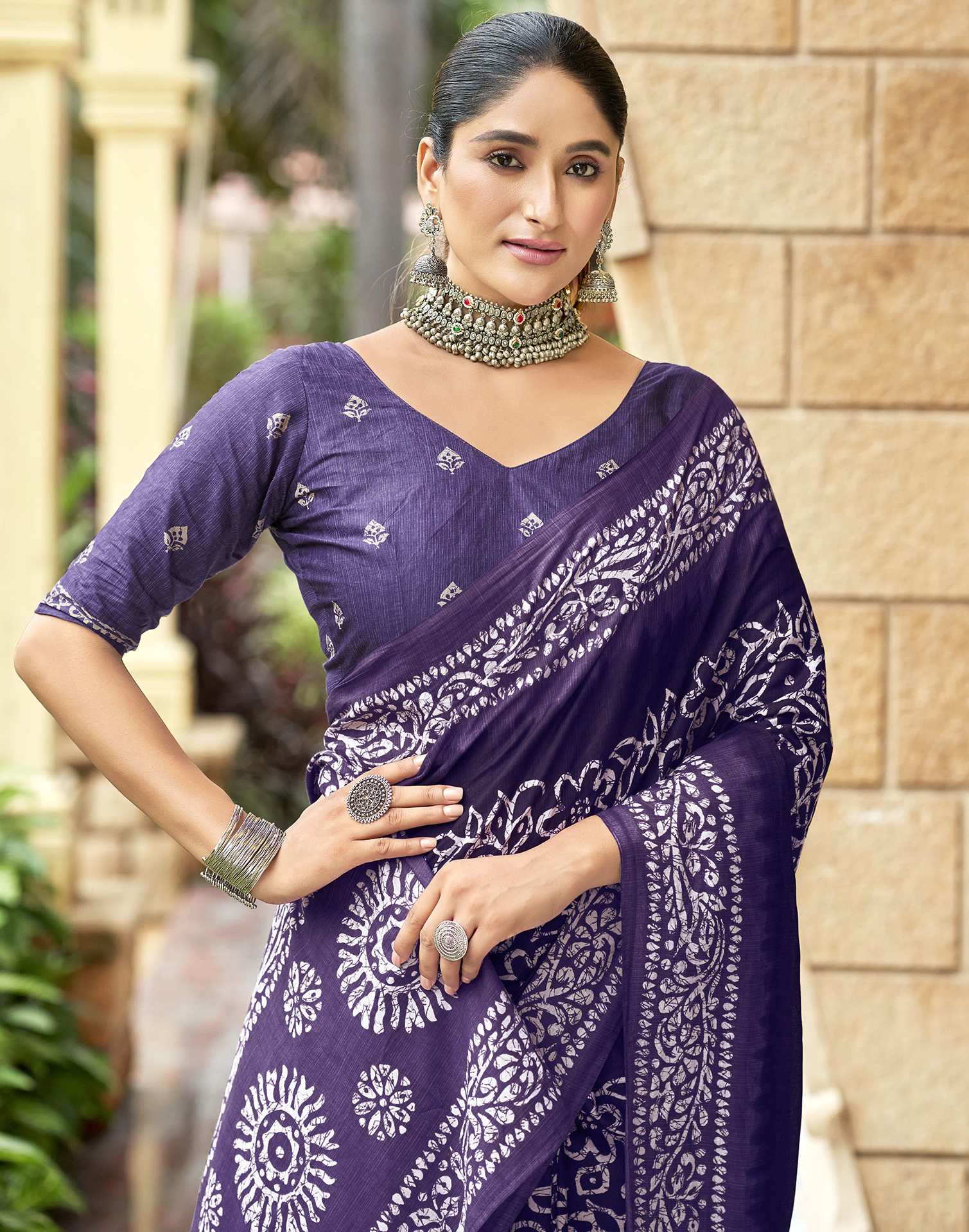 Purple Pure Cotton Printed Saree - Image 2