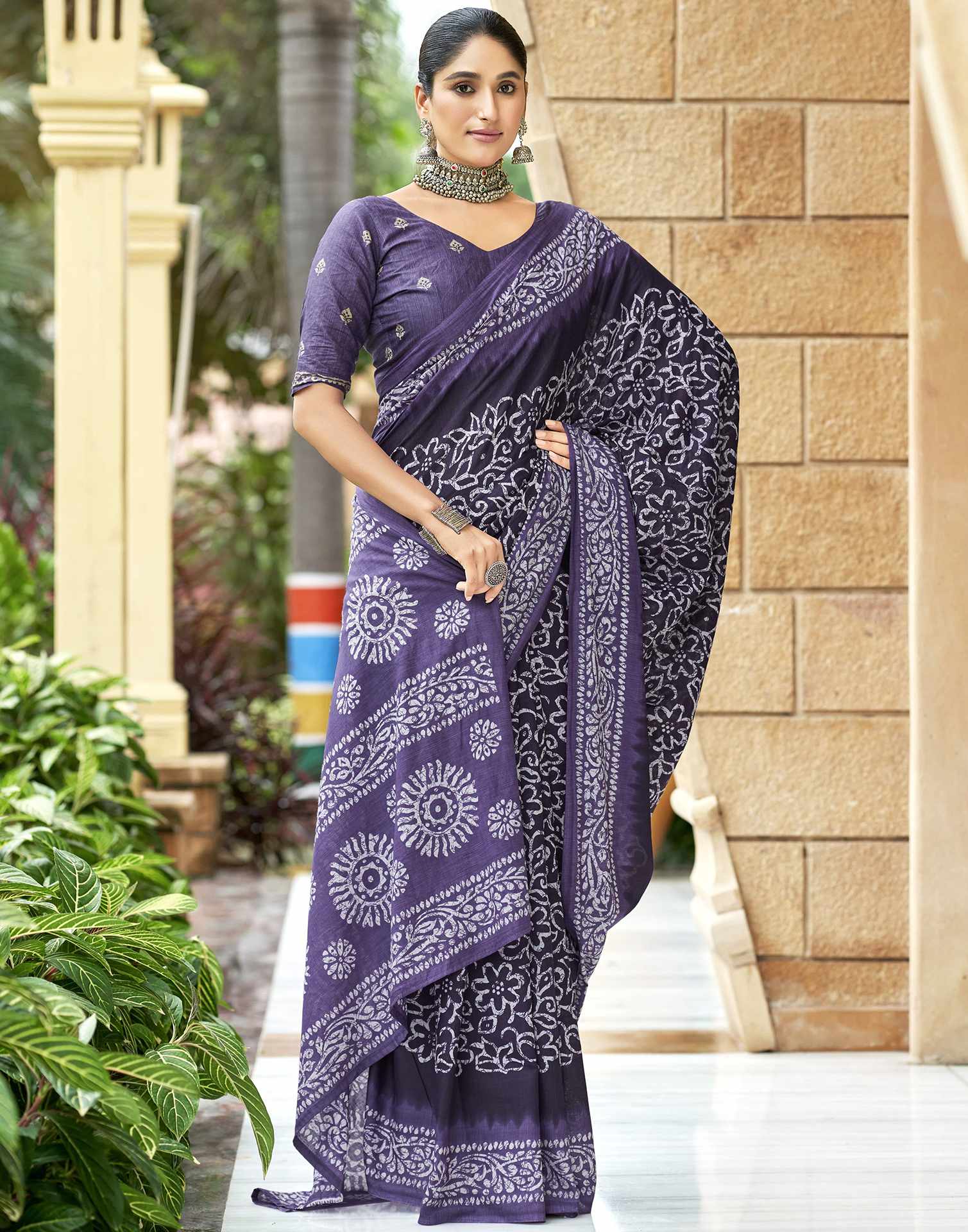 Purple Pure Cotton Printed Saree - Image 4