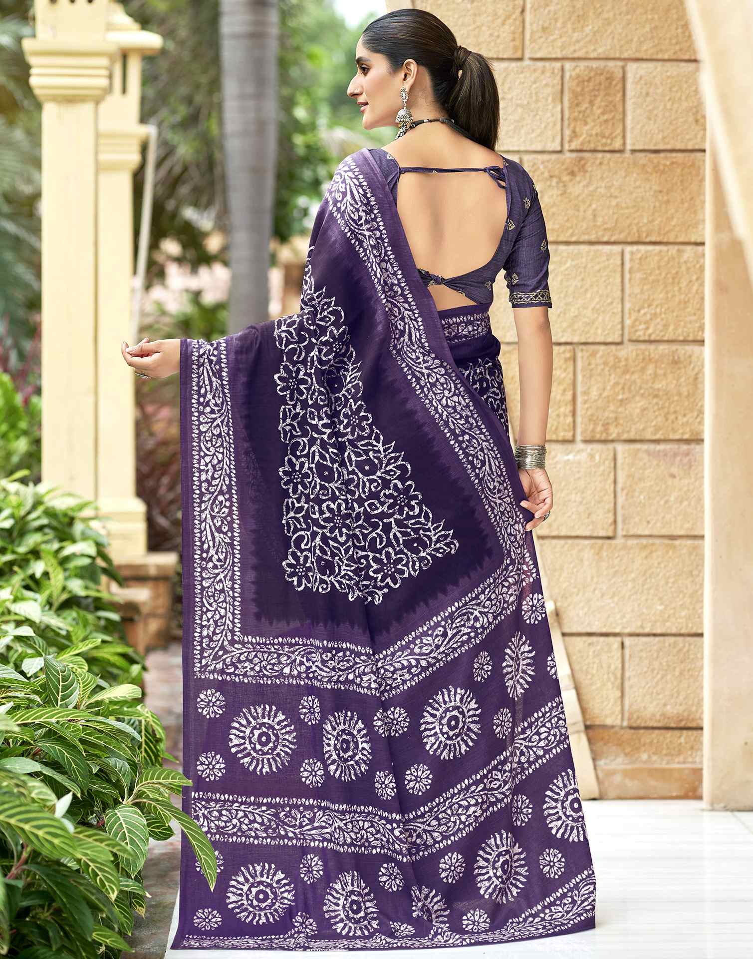 Purple Pure Cotton Printed Saree - Image 5