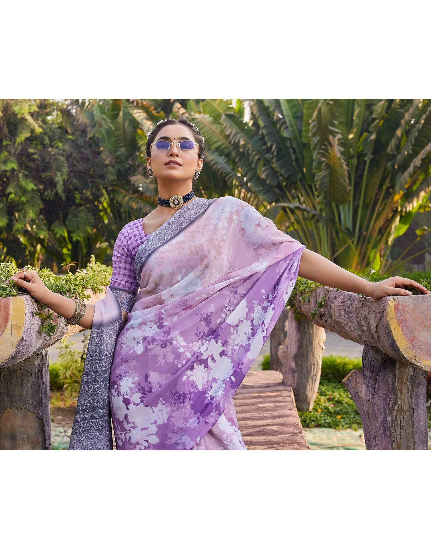 Purple Satin Printed Saree - Image 4