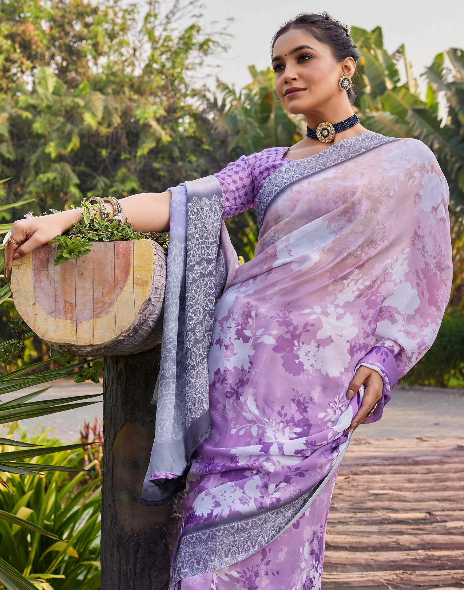 Purple Satin Printed Saree - Image 8