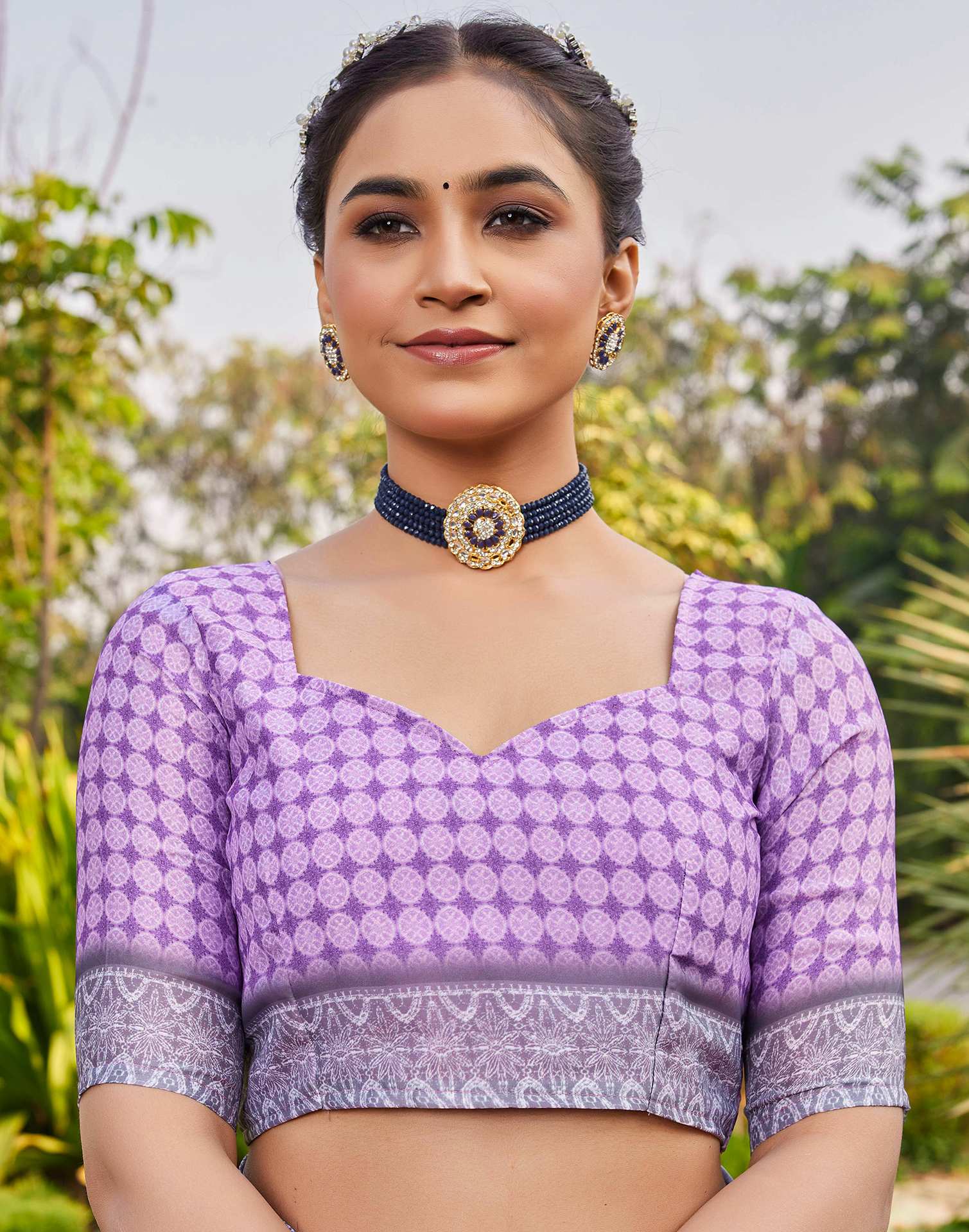 Purple Satin Printed Saree - Image 9
