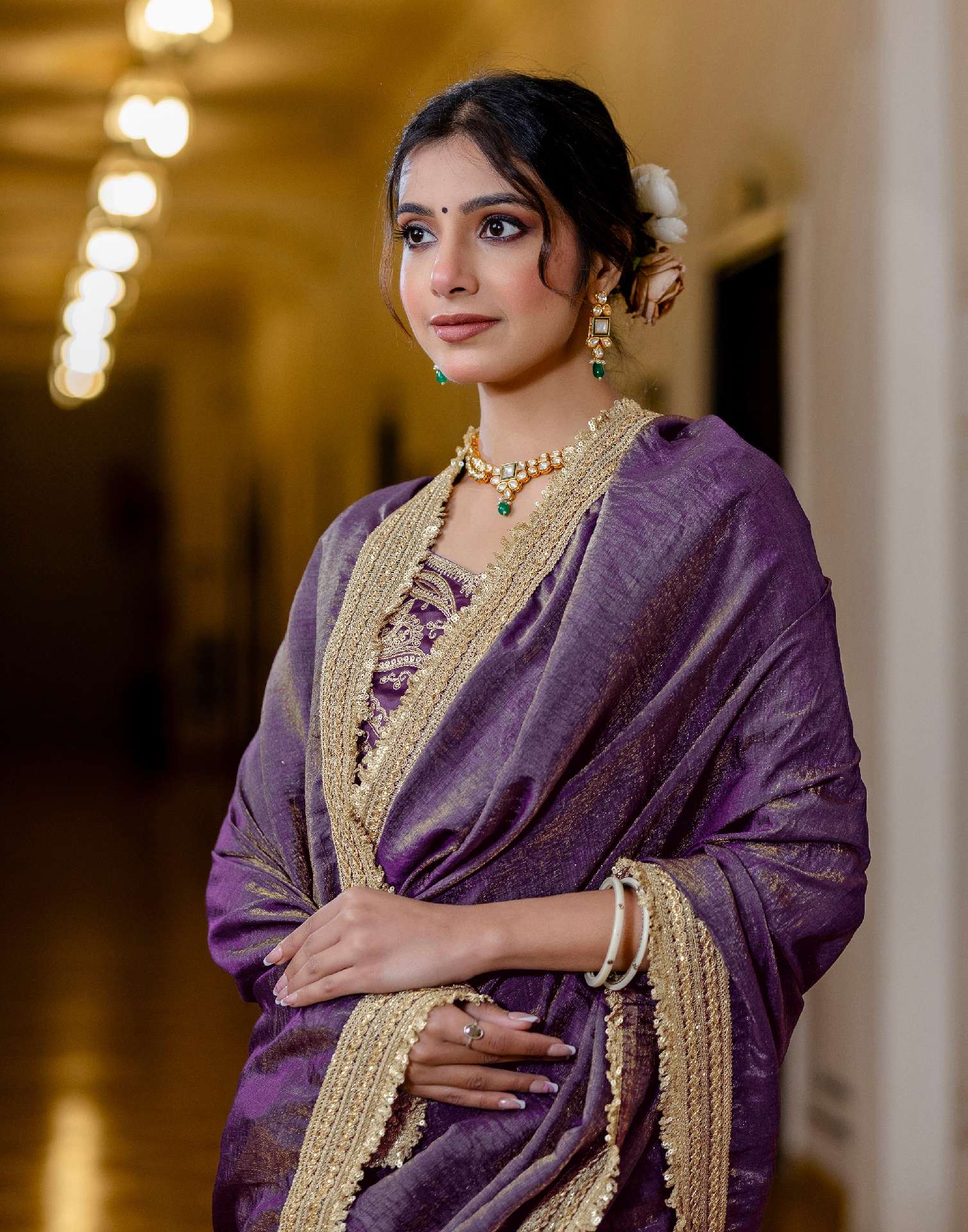 Purple Shimmer Chiffon Lace Saree - Image 4