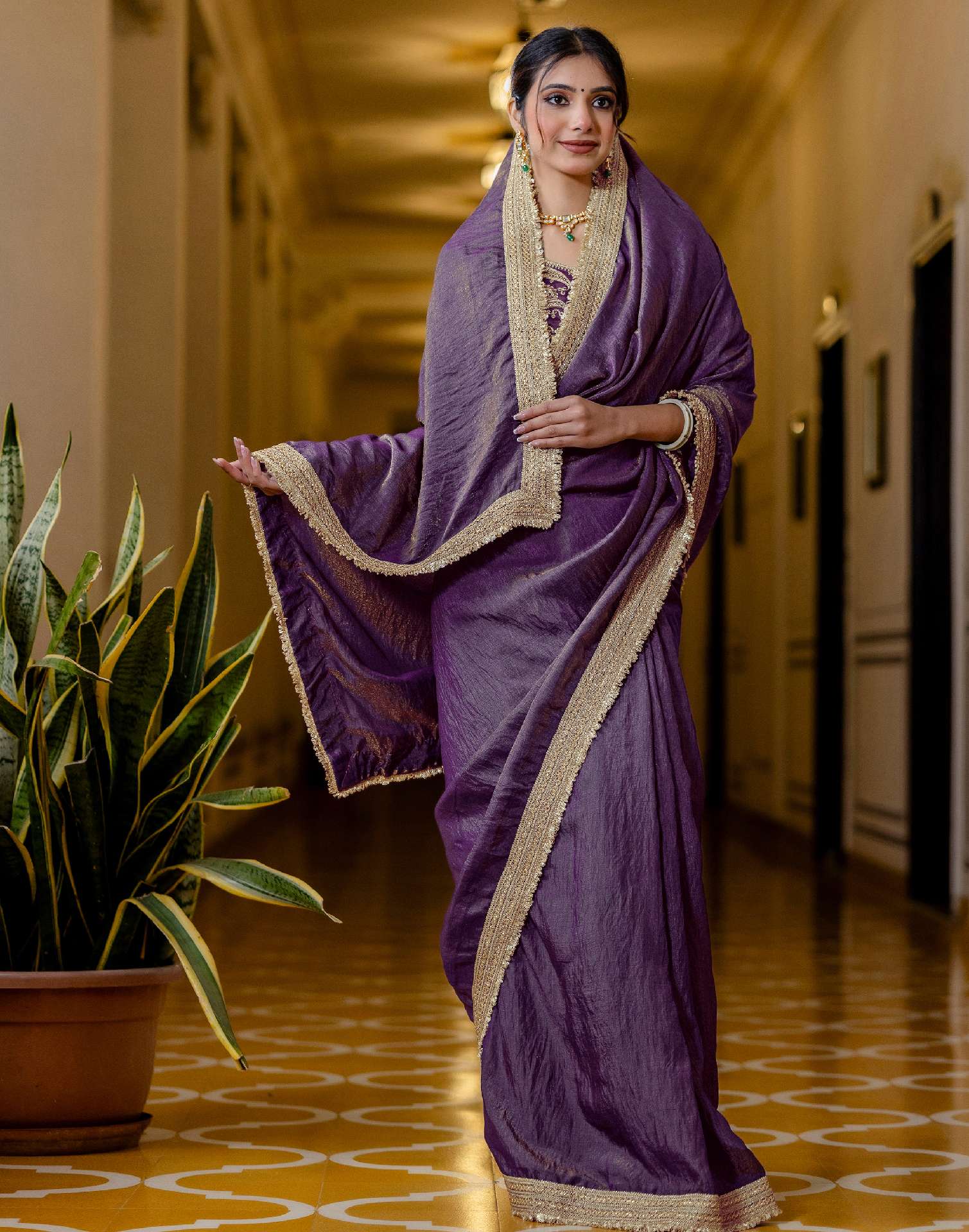 Purple Shimmer Chiffon Lace Saree - Image 6