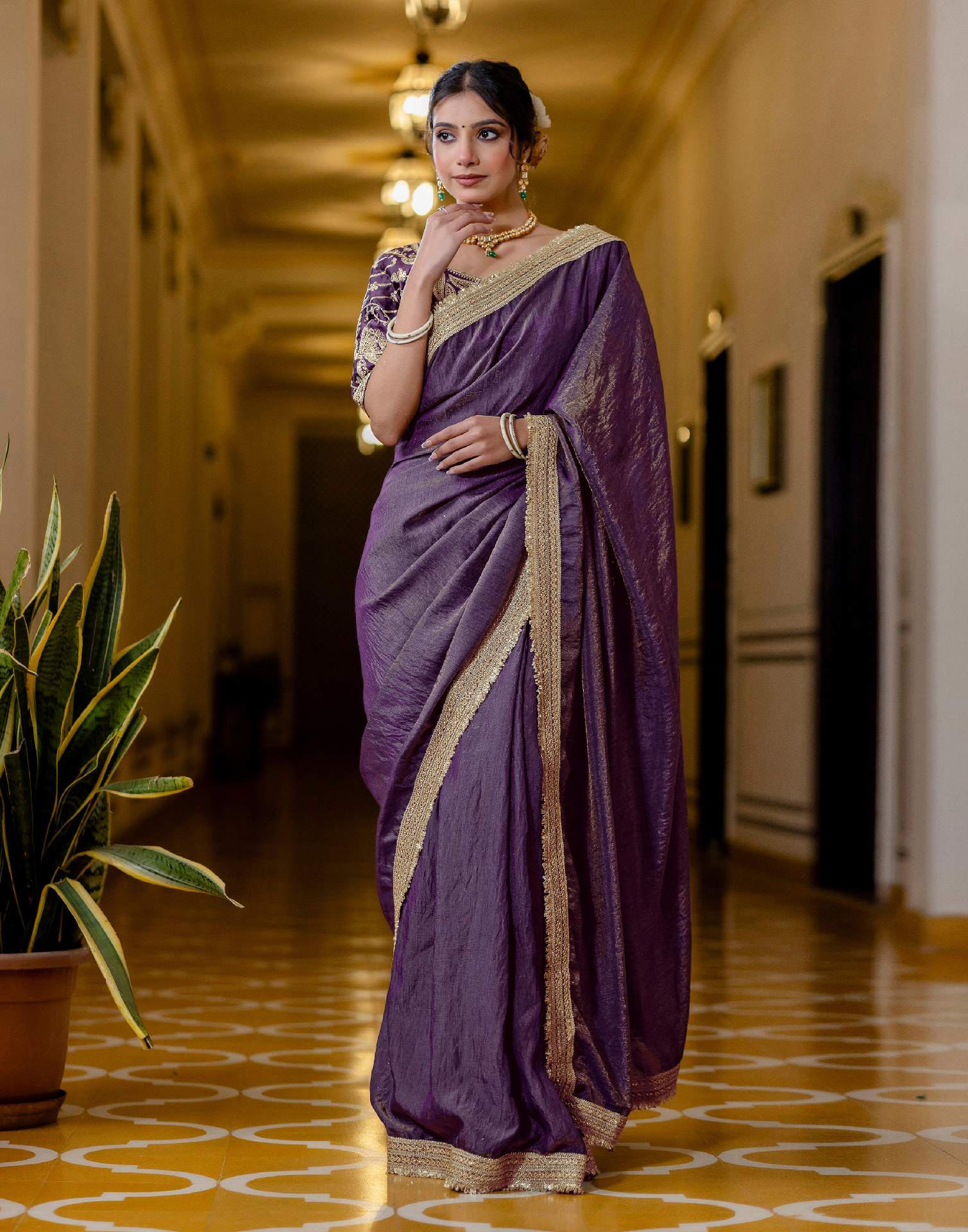 Purple Shimmer Chiffon Lace Saree - Image 8